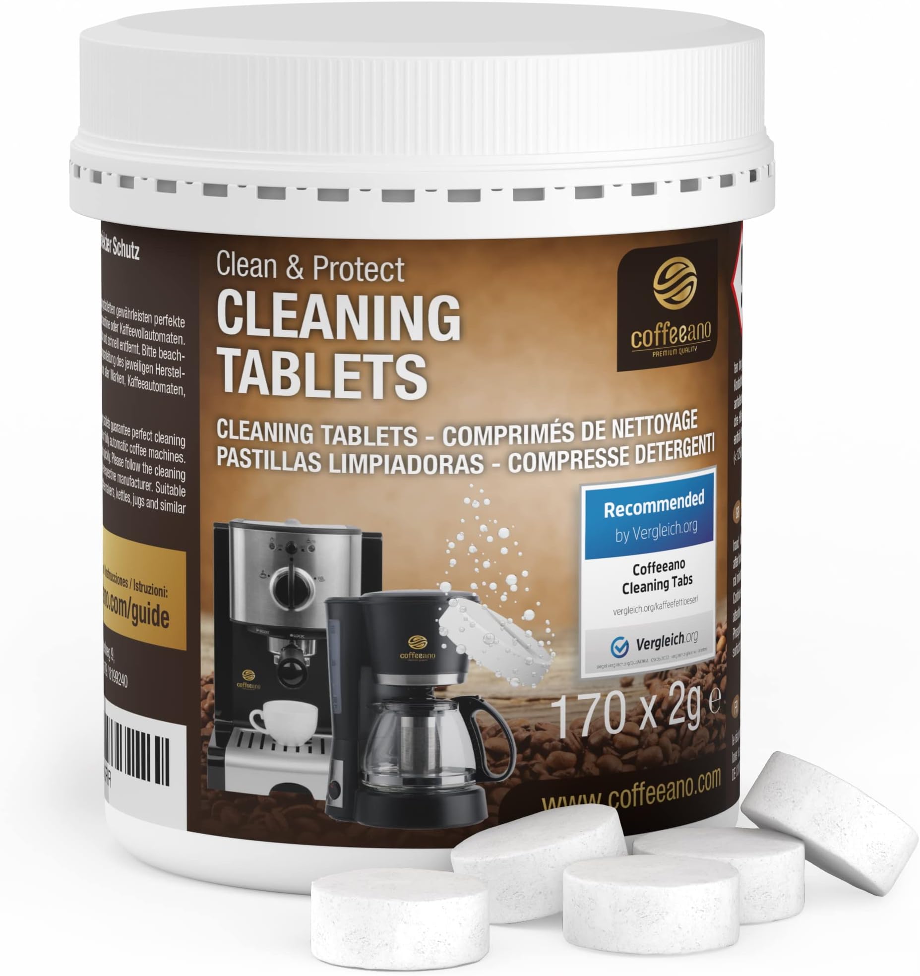 – Coffeeano Clean&Protect 170 cleaning tablets for all coffee machines. Cleaning tabs compatible with all brands and machines. Incl. e-book
