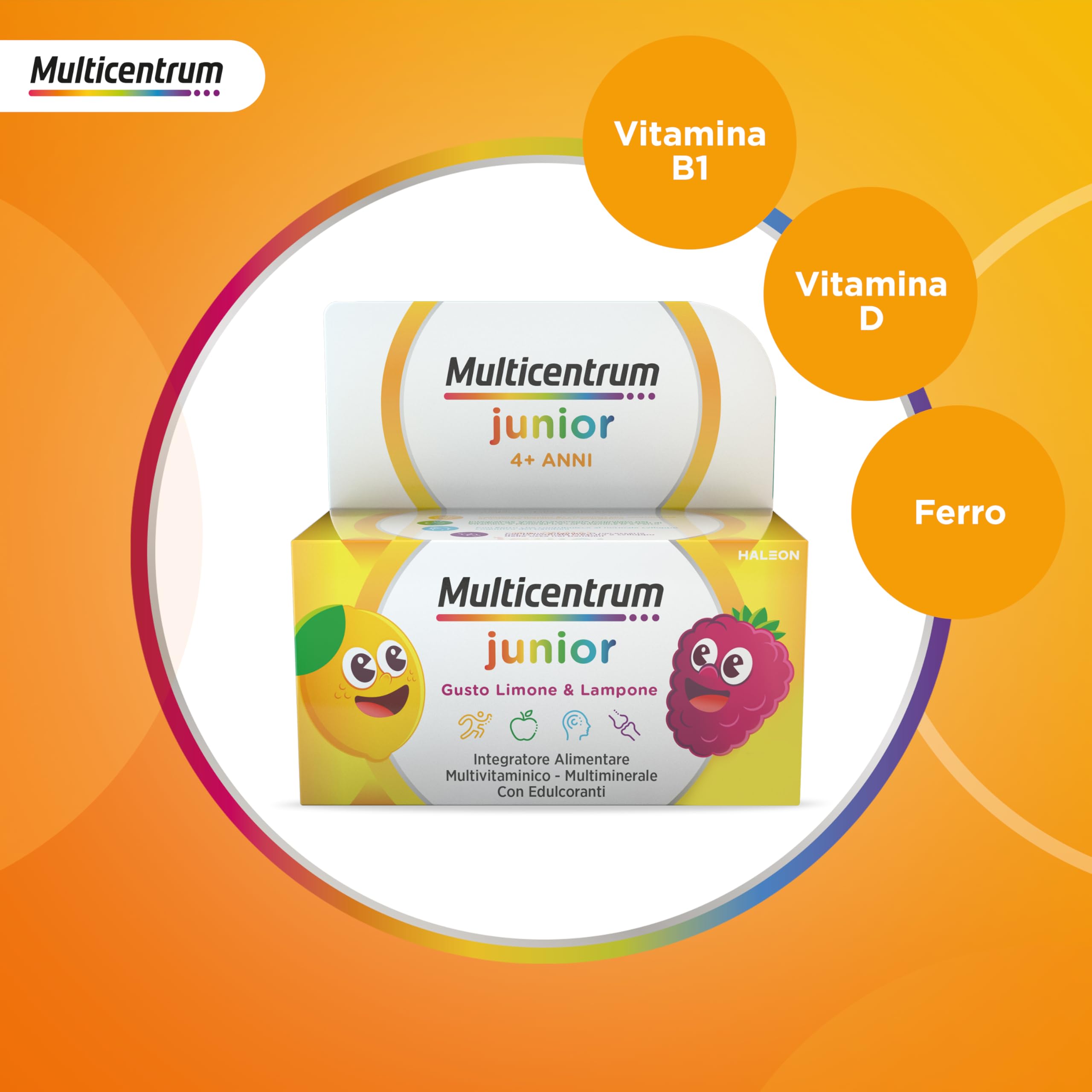 Multicentrum Junior Integratore alimentare Multivitaminico Completo, apporto completo formulato per i bambini 4+, Senza Glutine, Gusto Limone e Lampone, 30 Compresse Masticabili