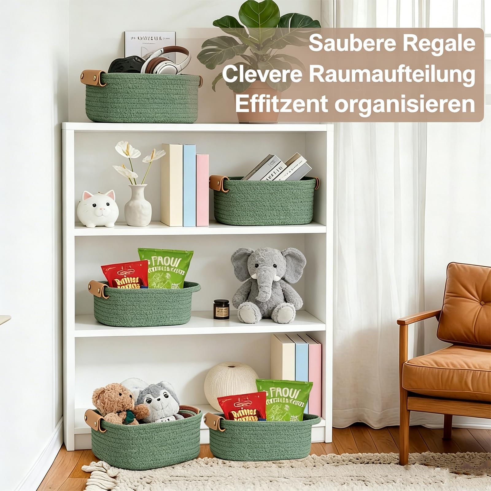 SVNR 5er-Set Aufbewahrungskörbe aus Geflecht, Verschachtelbare Aufbewahrungsboxen mit Lederoptik-Griffen, Organizer für Regal, Schrank, Badezimmer und Wohnzimmer, in Olivgrün.