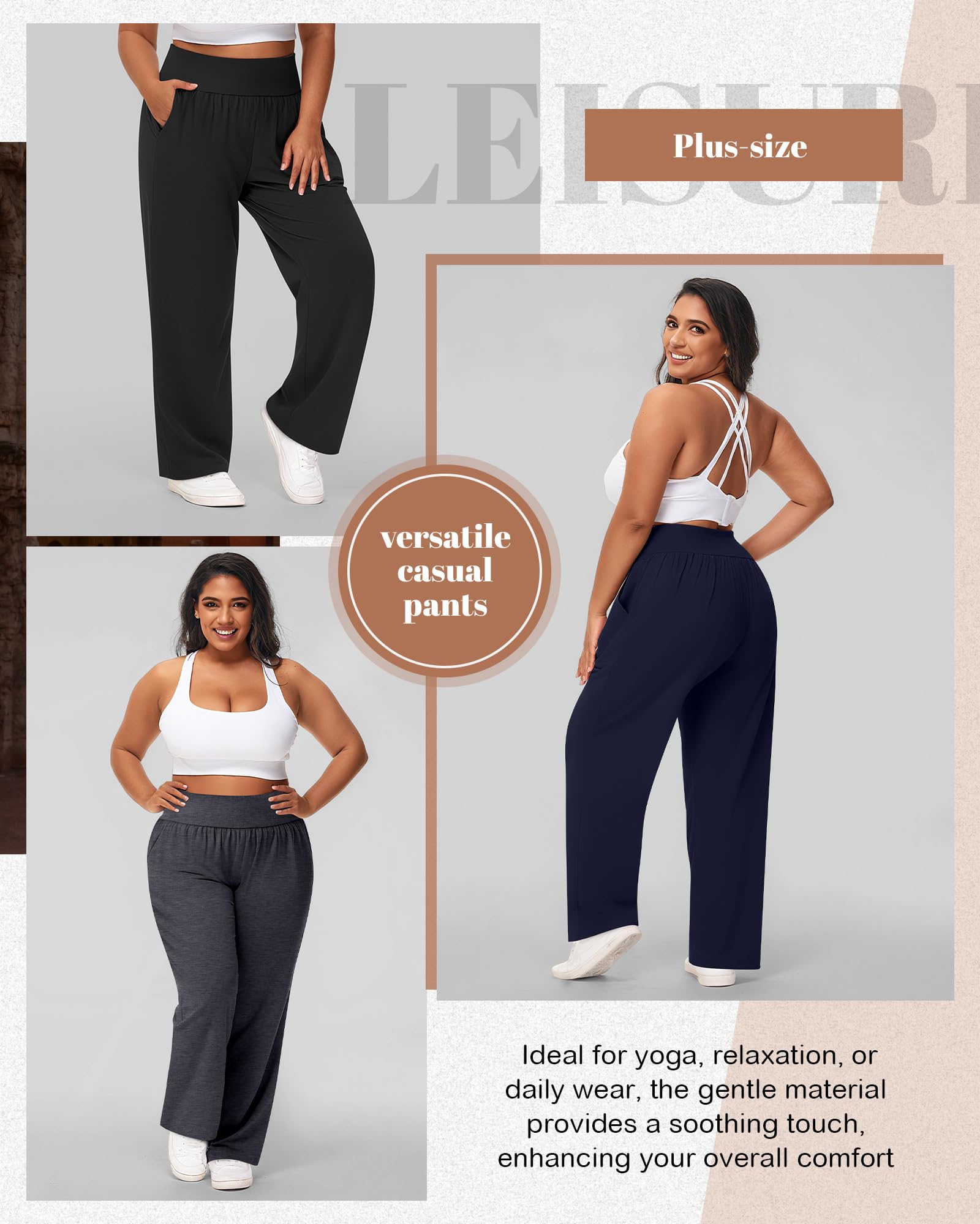 Neer Lot de 3 pantalons de yoga à jambes larges pour femme - Taille haute - Pantalon de survêtement Palazzo avec poches, Noir, gris foncé, bleu marine, Taille XL
