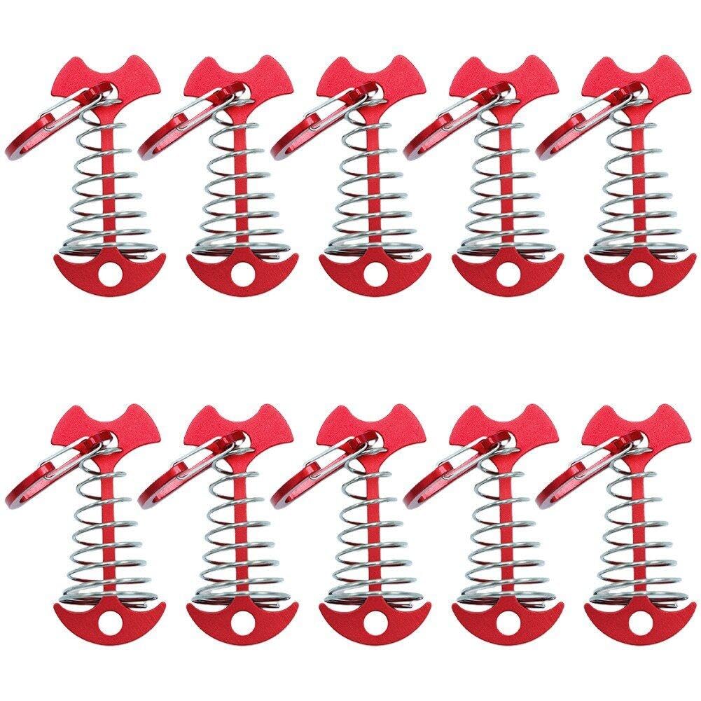 Sanfly Red Fishbone Tent Pegs 10Pcs Deck Anchor Pegs, Windproof Aluminum Deck Tie Down Spring Fishbone Tent Anchors Tent Rope Tensioner