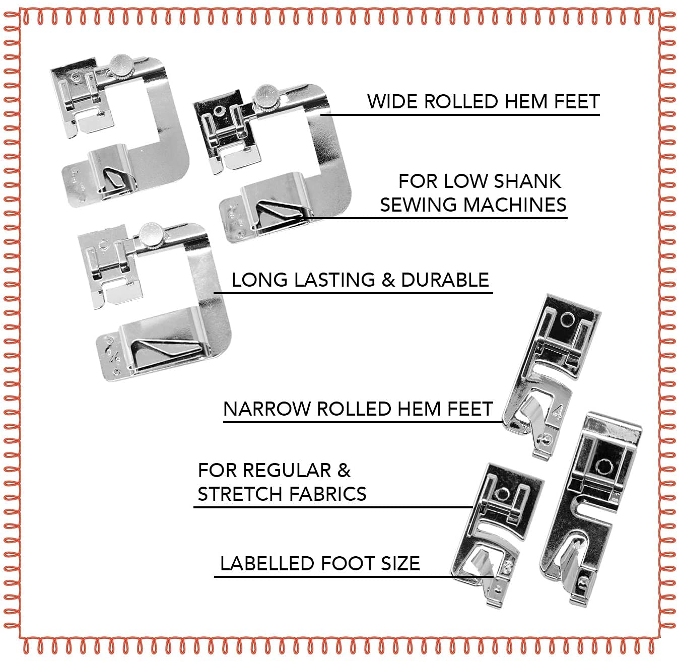 Syga Rolled Hem Presser Foot-6 Sizes 3 Wide Rolled Hem Foot -4/8, 6/8, 8/8Inch & 3 Narrow Foot Hemmer Set -3/4/6mm Hemming Presser Feet Set of 6, Stainless Steel — Amazon image 2
