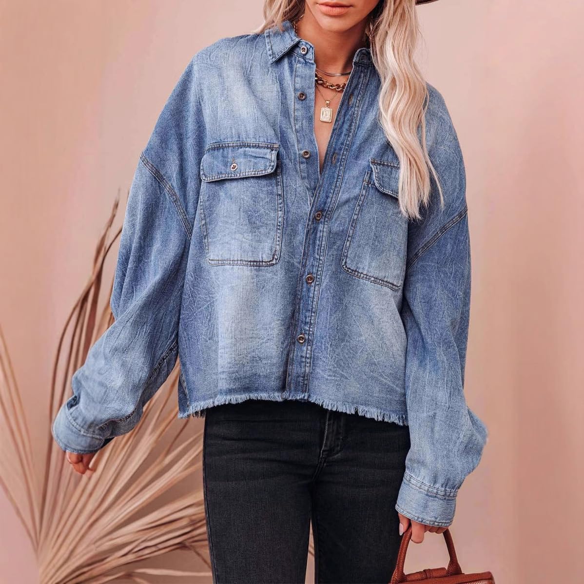 Camisa Mujer Camisa Vaquera Azul De Mujer Blusas De Cuello Extragrande Camisas Vaqueras Lavadas Casuales De Manga Larga con Botones Chaqueta Vaquera con Dobladillo Deshilachado Estilo WES