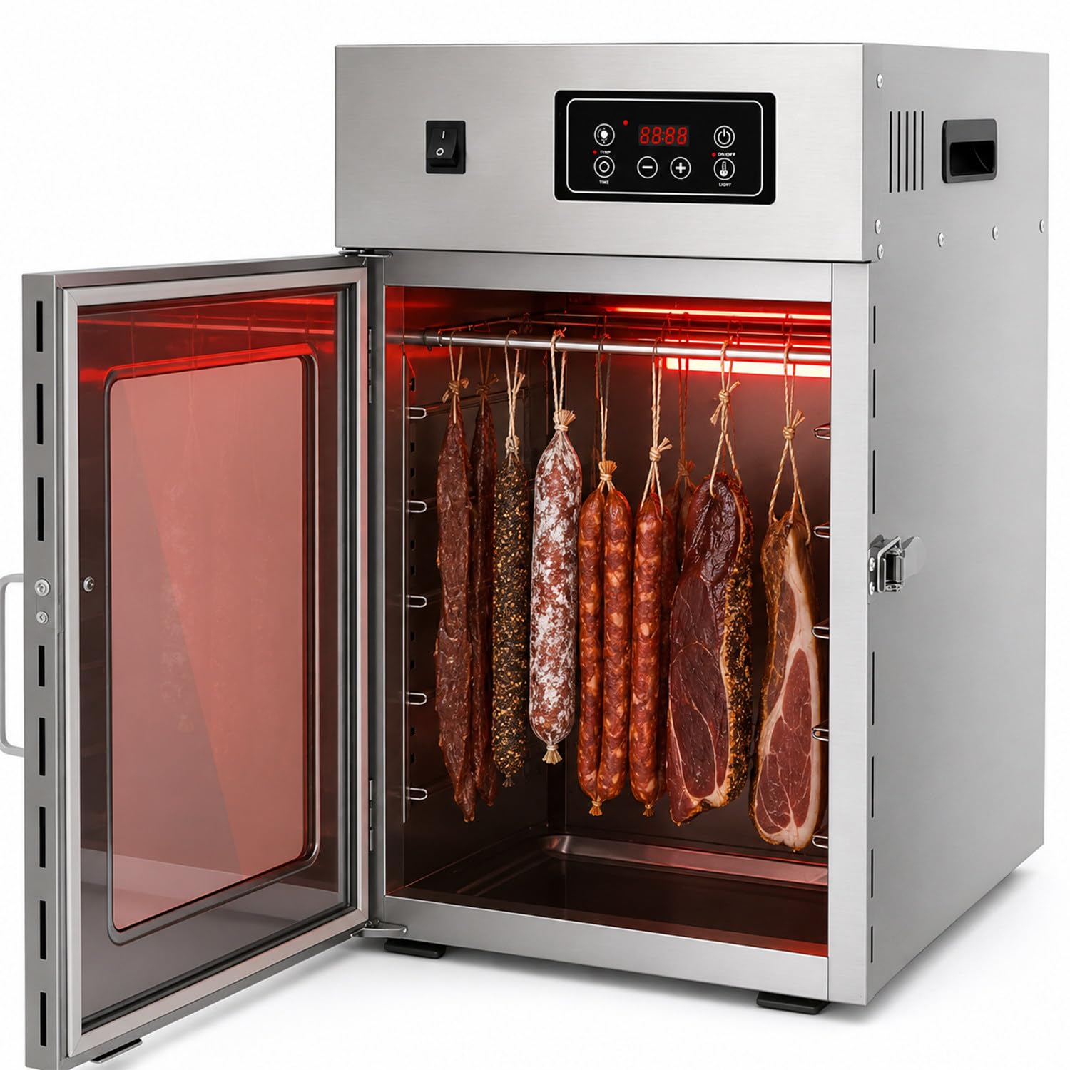 twostronking 360° Food Dryer, 800w Sausage Drying Chamber, With 14 Hooks and LED Control Panel, 7.5kg Capacity, Adjustable 30–90°C, Stainless Steel, For Sausages, Bacon, And Chicken
