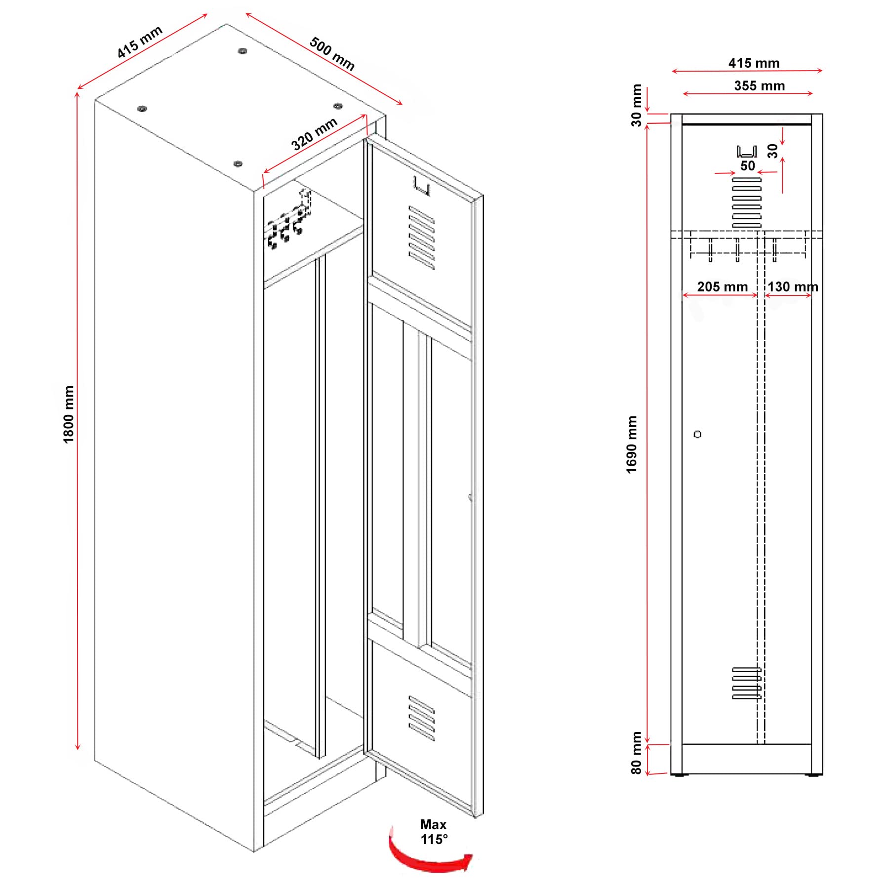 Schrank & Stuhl Spind – Metallspind mit einem Abteil in 180 x 41,5 x 50 cm, inkl. Hutboden, Trennwand und Zylinderschloss, Lieferung komplett montiert, Grau/Blau