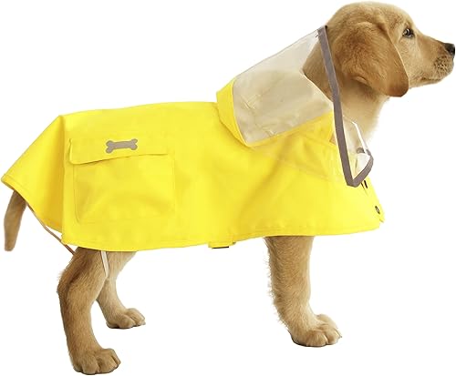 Miniatura 8 de Chubasquero impermeable para perro con capucha de poncho, chaqueta de lluvia amarilla ajustable para mascotas con agujero para correa para perros