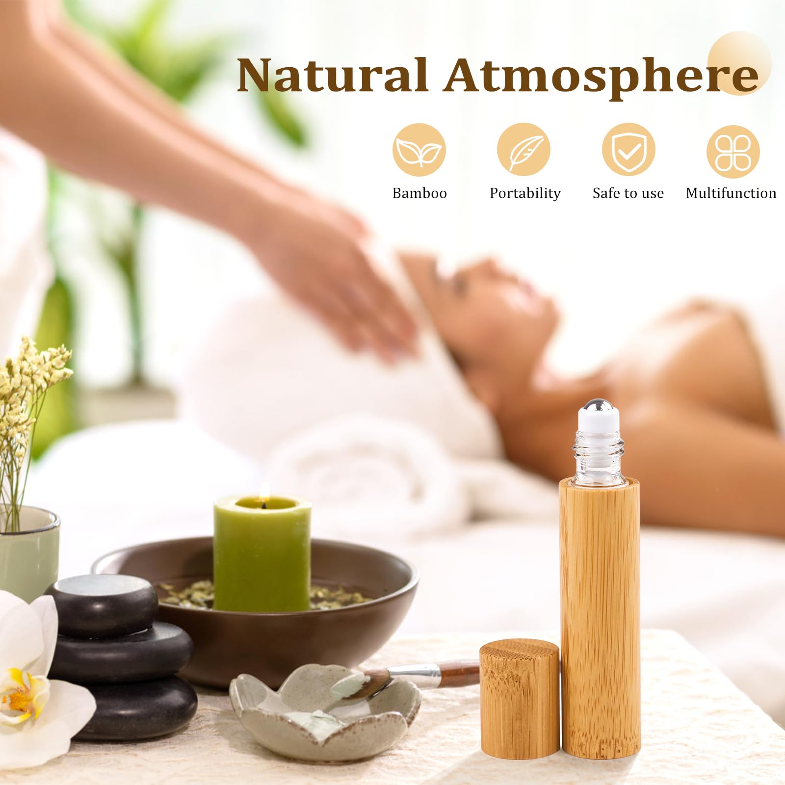 AUHOKY Lot de 12 flacons à bille en bambou de 10 ml pour huiles essentielles, flacon d'huile de massage portable avec bille roulante en acier inoxydable, respectueux de l'environnement, récipient pour