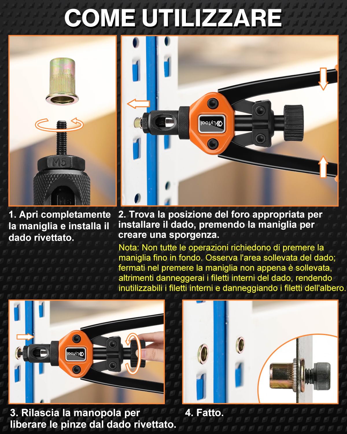 Lytool Pinza per Dadi Rivetto 13'', Kit Rivetti Filettati M3–M12, Set 70 Pezzi con 7 Mandrini, Utensile Professionale per Metallo, Carrozzeria, Officina