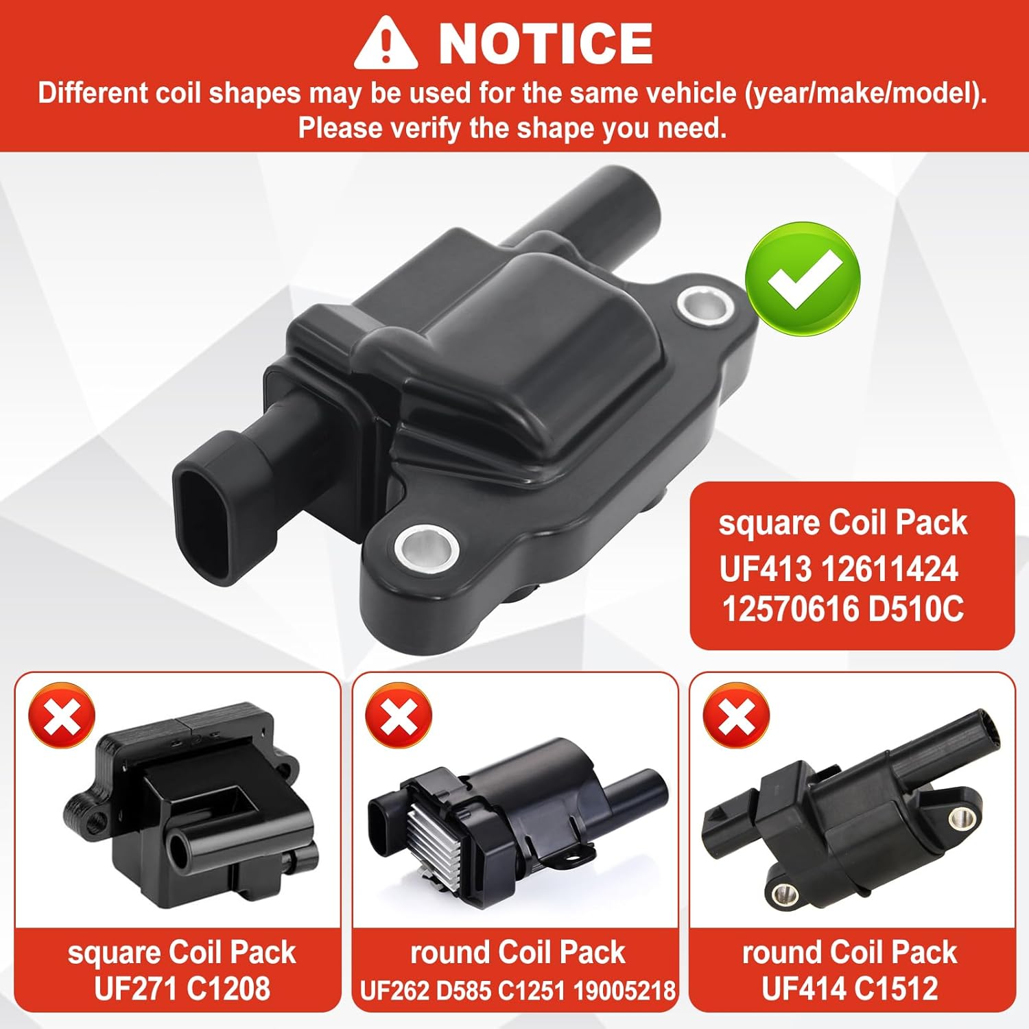 UF413 Ignition Coil Pack Set of 8 Compatible with Chevy Silverado Suburban Tahoe GMC Sierra Yukon Cadillac Escalade Buick Pontiac Hummer 4.8L 5.3L 6.0L 6.2L V8, Replace # 12611424 12570616 D510C