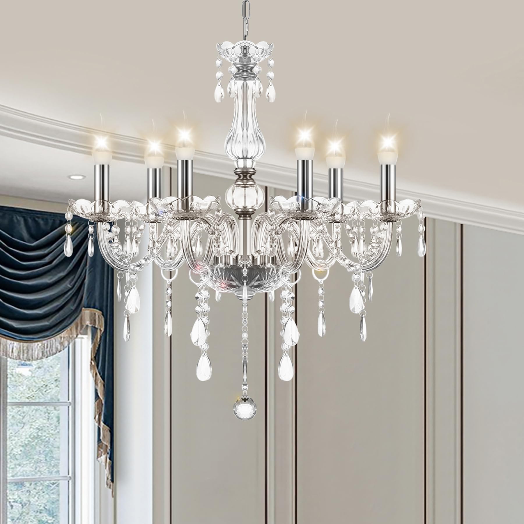 H-YEEU Modern 6-Light Transparent K5 Crystal Chandelier, French Country Candle Style Pendant Lamp Ceiling Light Fixture for Dining Room Bedroom Living Room, E14 Bulbs Required