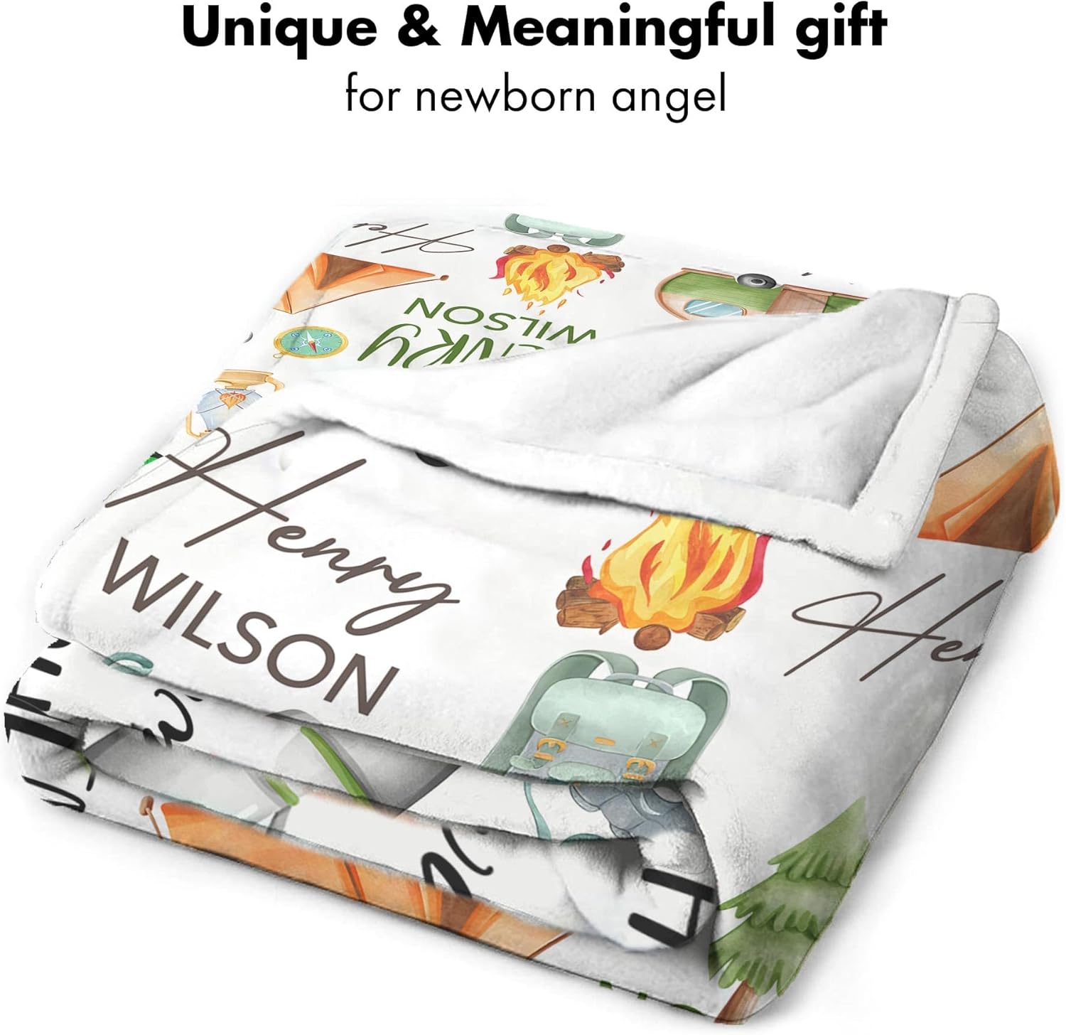 Personalized Camping Baby Blanket, Custom Name, Outdoor Adventure Nursery Swaddle, Cozy Campfire Fleece, Forest Hiking Infant Wrap, Newborn Wilderness Snuggle, Rustic