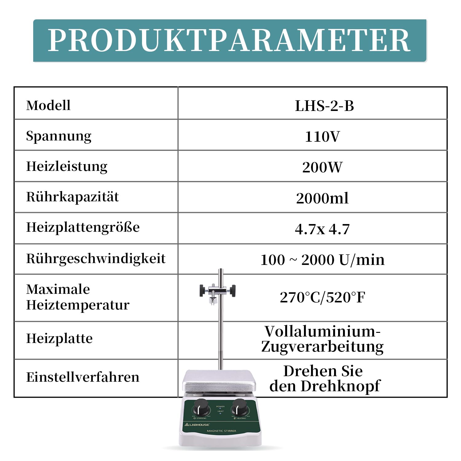 Magnetrührer Heizplatte, 300°C/572°F, 2000RPM, 2l | Platte bis 300°C, 4 PTFE-Rührstäbe & Sammler, Ständer, variabel, für Labor-Heizung & Mischung