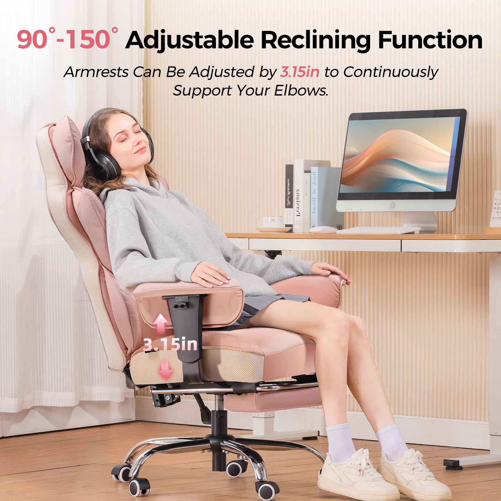GTPLAYER Big and Tall Gaming Chair 400lbs Heavy Duty Office Chair with Foot Rest & Ergonomic Pocket Spring Lumbar Support, High Back 3D Saddle Shaped Cushion for Back Pain Relief, Pink view 5