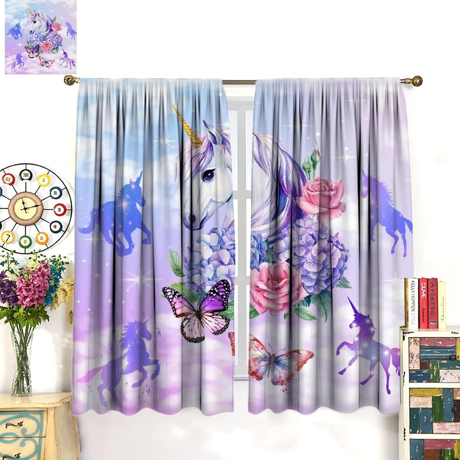 Unicorn Blackout Curtain,Romantic Horse Butterfly Glitter Stars Purple Galaxy Cloud Curtains for Girls Bedroom Cafe Dining Room Office Living Room Kitchen Drapes, 42x45 in
