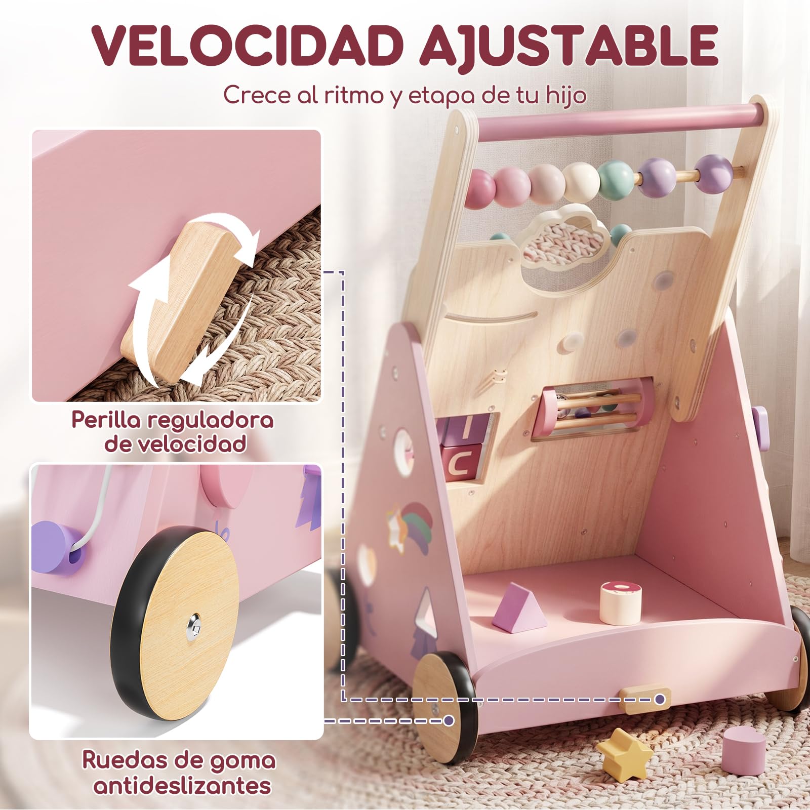 Lehoo Castle Andador Bebes de Madera, Caminador Bebé Unicornio | Freno Ajustable, Unicornio Rosa, Centro de Actividades 10 en 1, Juego Educativo Montessori, Regalo Bebé Niña 1 Año