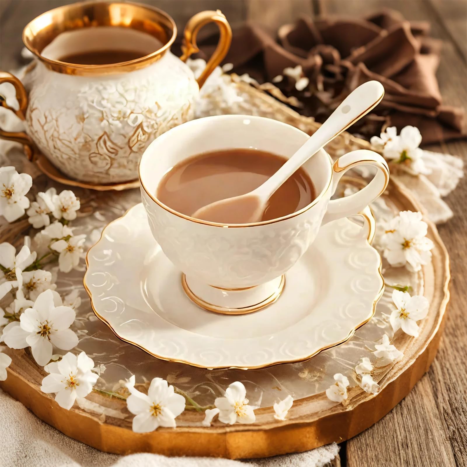 Service À Thé Vintage En Porcelaine 18 Pièces Avec Soucoupes Et Cuillères - Service À Thé Européen En Porcelaine Fine 200 Ml - Service À Café/Thé - Cadeaux Pour Femmes