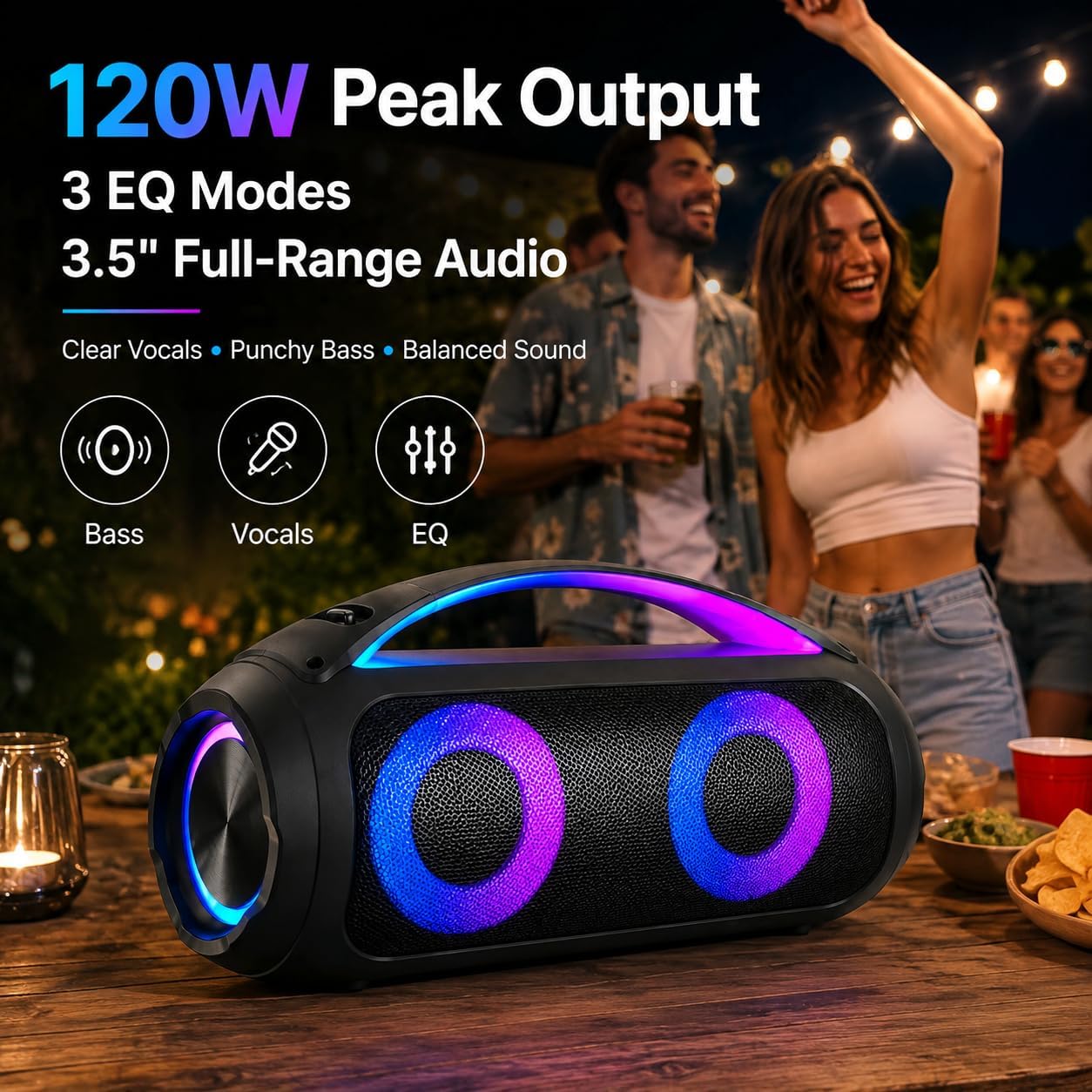 Loud Portable Bluetooth Speaker, 120W Peak Max, IPX6 Waterproof, 2 Mics image 2