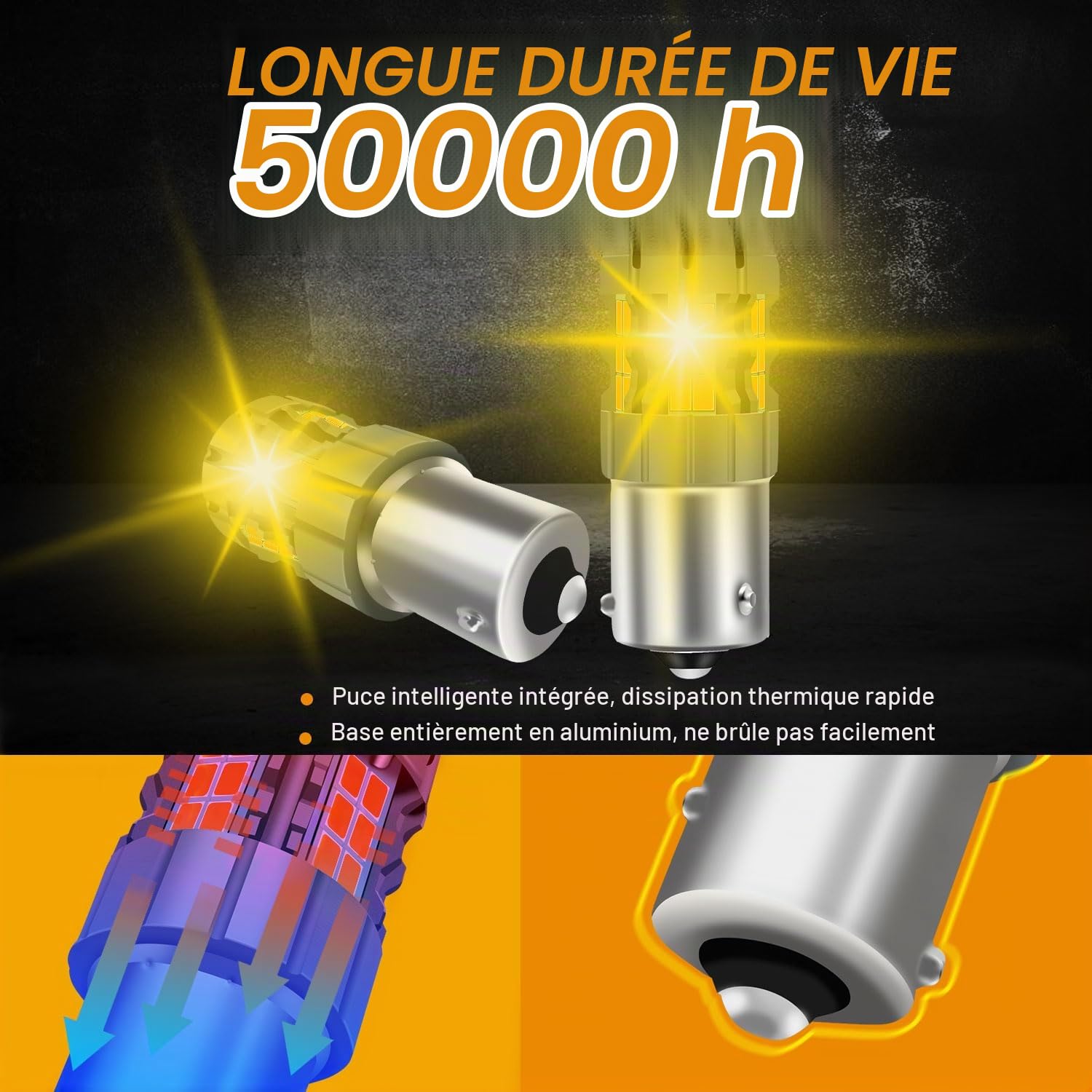 2Pcs PY21W 1156 7507 BAU15S Ampoule de clignotant LED, Sans erreur CANBUS Ampoule de Remplacement Anti Hyper Flash 300% Super Lumineux Ambre 30-SMD 25W 4000LM