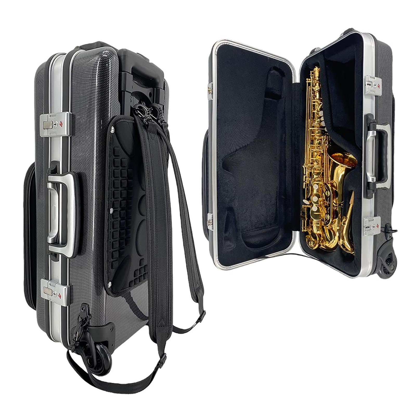 Altsaxophon-Tasche mit Rollen, Karbonfaser, Notenblatt-Tasche, Griff/Schultergurten, Tragetasche für Saxophon-Zubehör