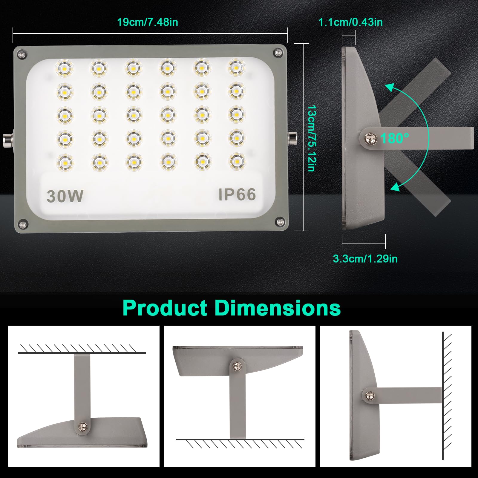JBdusn 30W LED Floodlight Outdoor, Super Bright Security Lights IP66 Waterproof - Image 2
