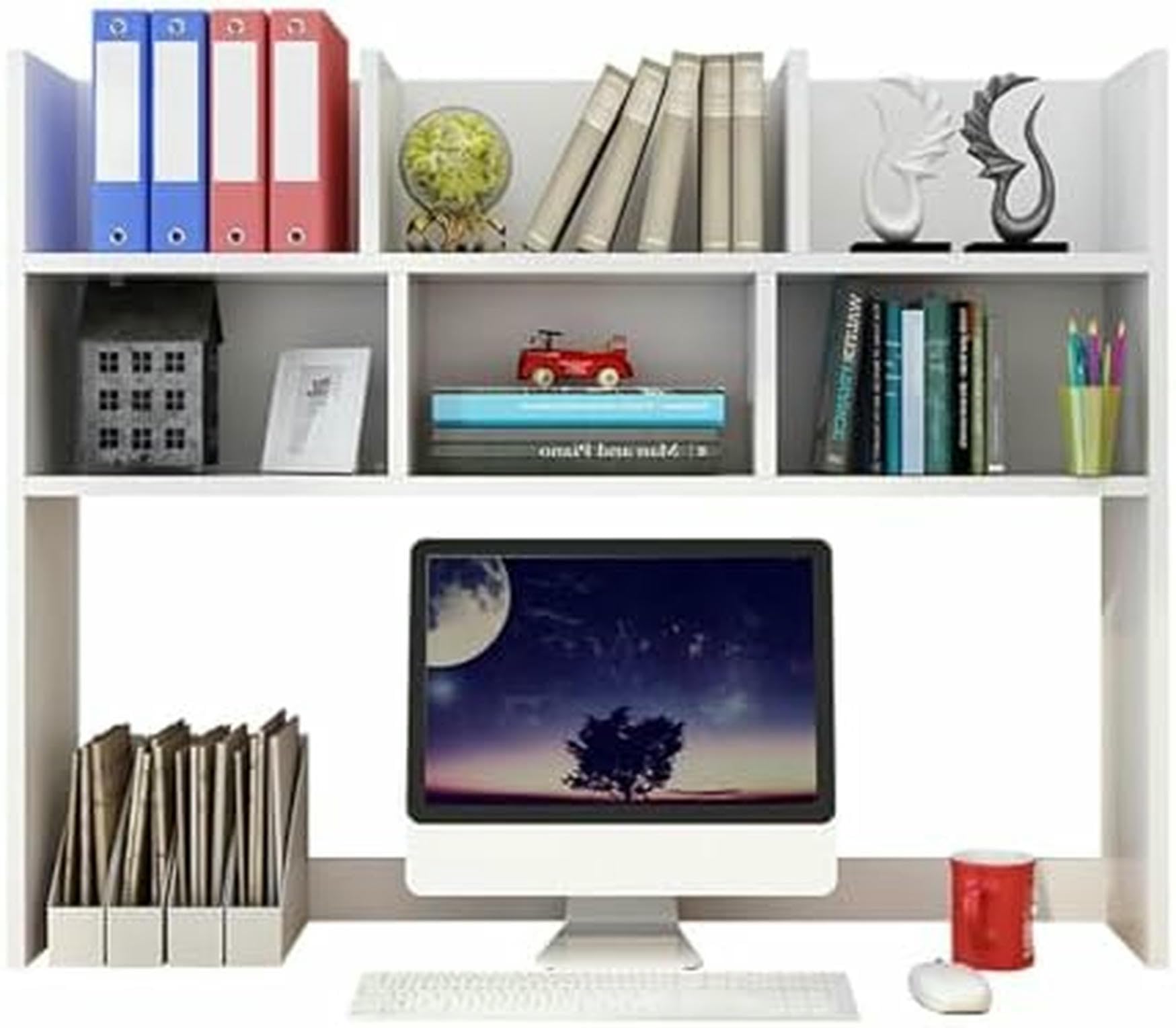 CWCQGH 2-Tier Desk Hutch for Dorm, Desktop Bookshelf Organizer, Slim Storage Rack, Multipurpose Home Office Display, Countertop Bookshelf for Small Spaces,White-70cm/27.5in