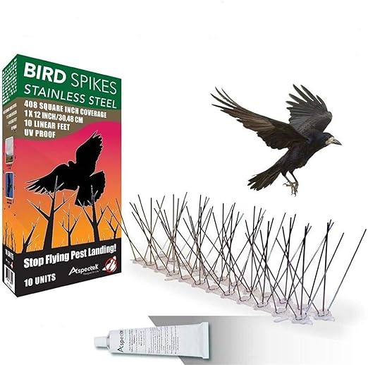 Aspectek Stainless Steel Pre-Assembled Bird Spikes 10 Feet (3 Meters), Bird Deterrent Kit with Transparent Silicone Glue