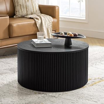 31.5" Fluted Round Coffee Table with Flip Top Storage, Wooden Center Table with Floor Protectors, Modern Drum Table for Living Room, Black