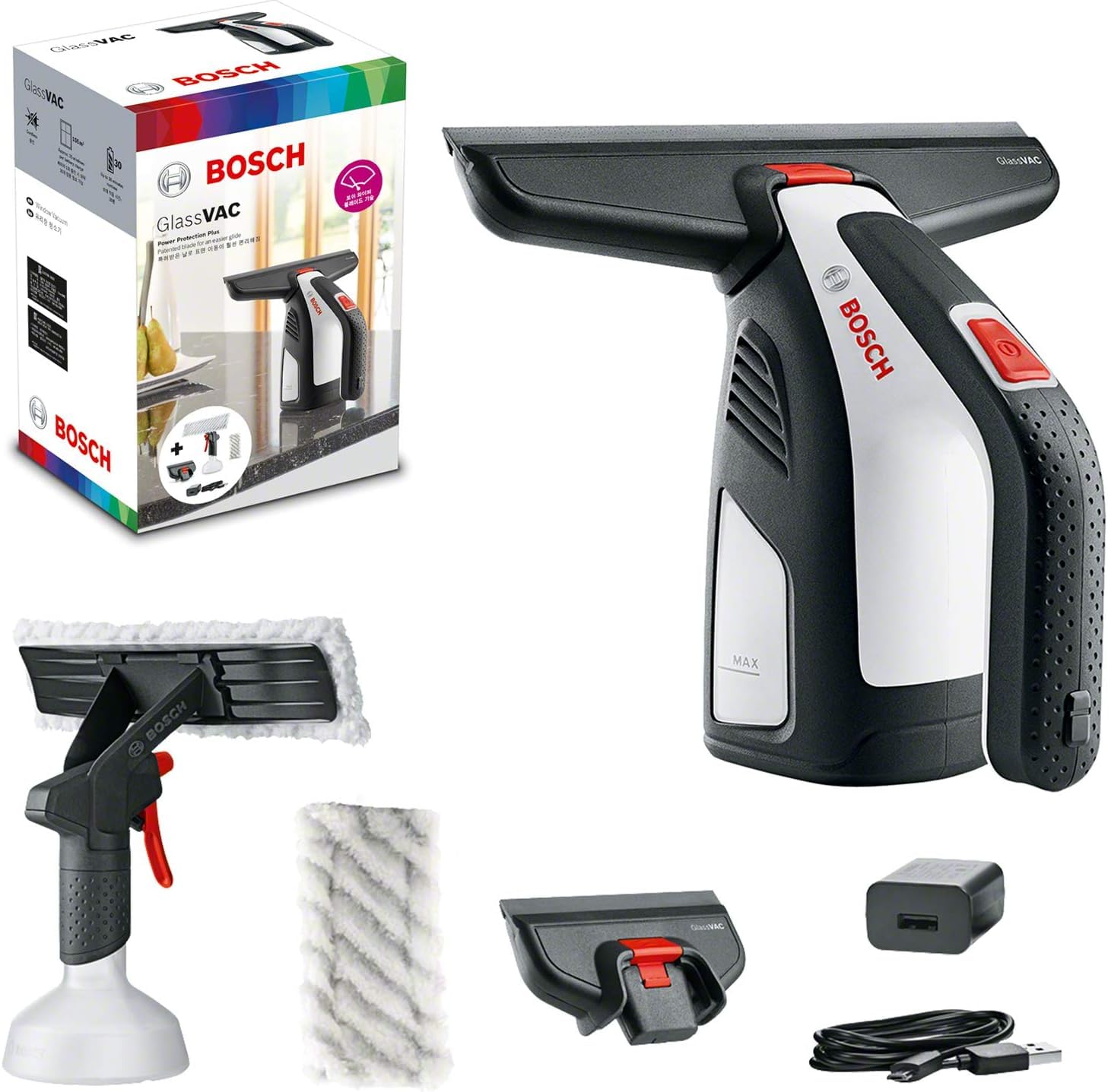 Bundle of Bosch Nettoyeur de vitres Glassvac, Blanc, GlassVAC Premium set + UniversalBrush (Batterie intégrée de 3,6 V, 1 câble Micro USB et 4 Accessoires de Nettoyage fournis)