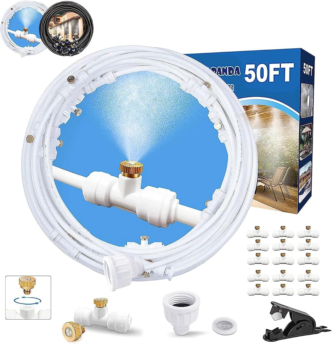 Misters for Outside Patio,White Misting System for Cooling Outdoor,50Ft|15M | Water Mist Hose DIY Kit for Porch,Canopy,Deck,Umbrella,Garden,Greenhouse,Yard,Plants,Trampoline Sprinkler Accessories Kids