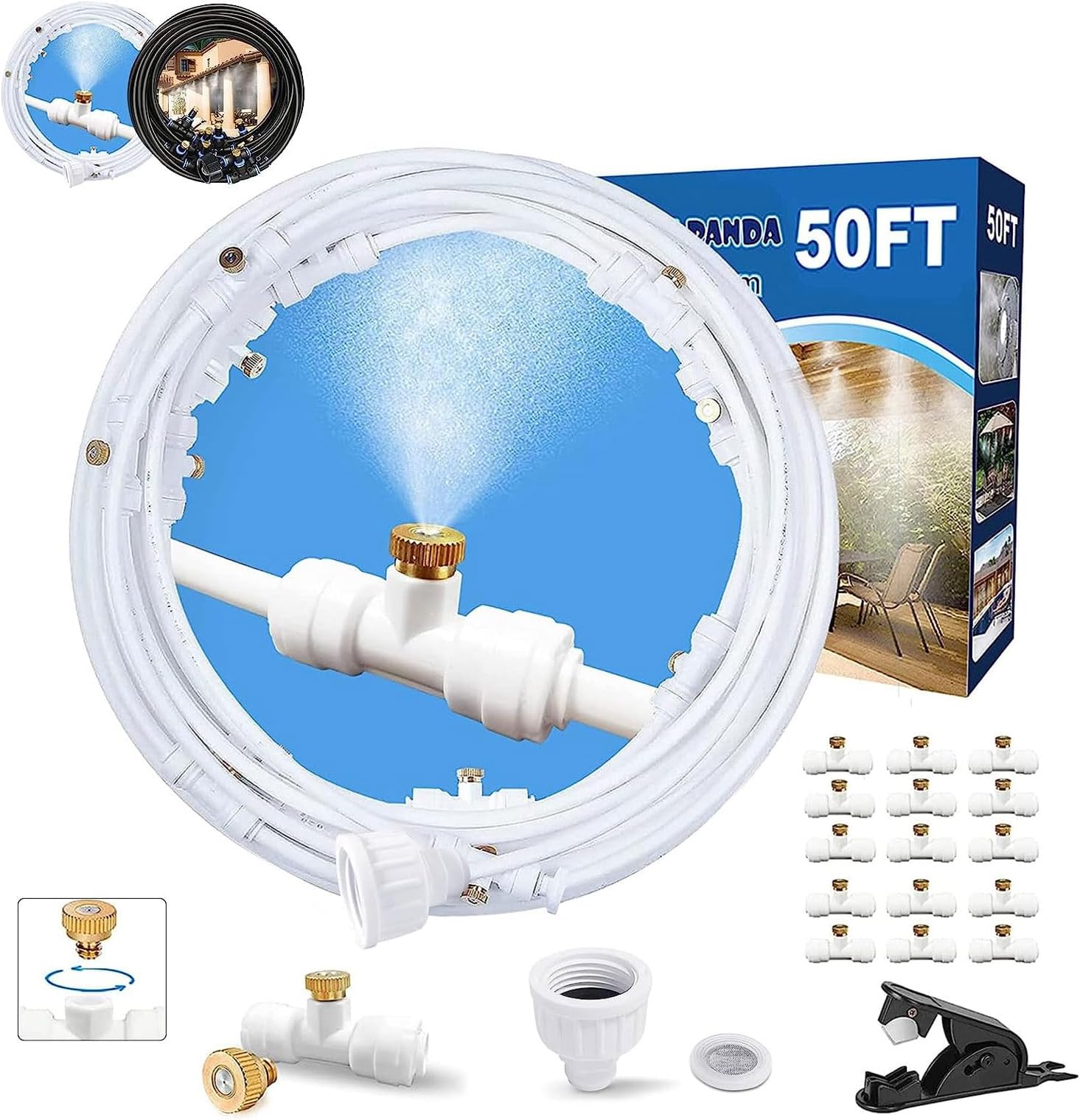 Misters for Outside Patio, 50FT Mist hose + a Brass Adapter(3/4"), Outdoor Misting System for Cooling, Garden Mister System for fan, Umbrella, Water Mister for Porch, Deck, Canopy, Backyard, White