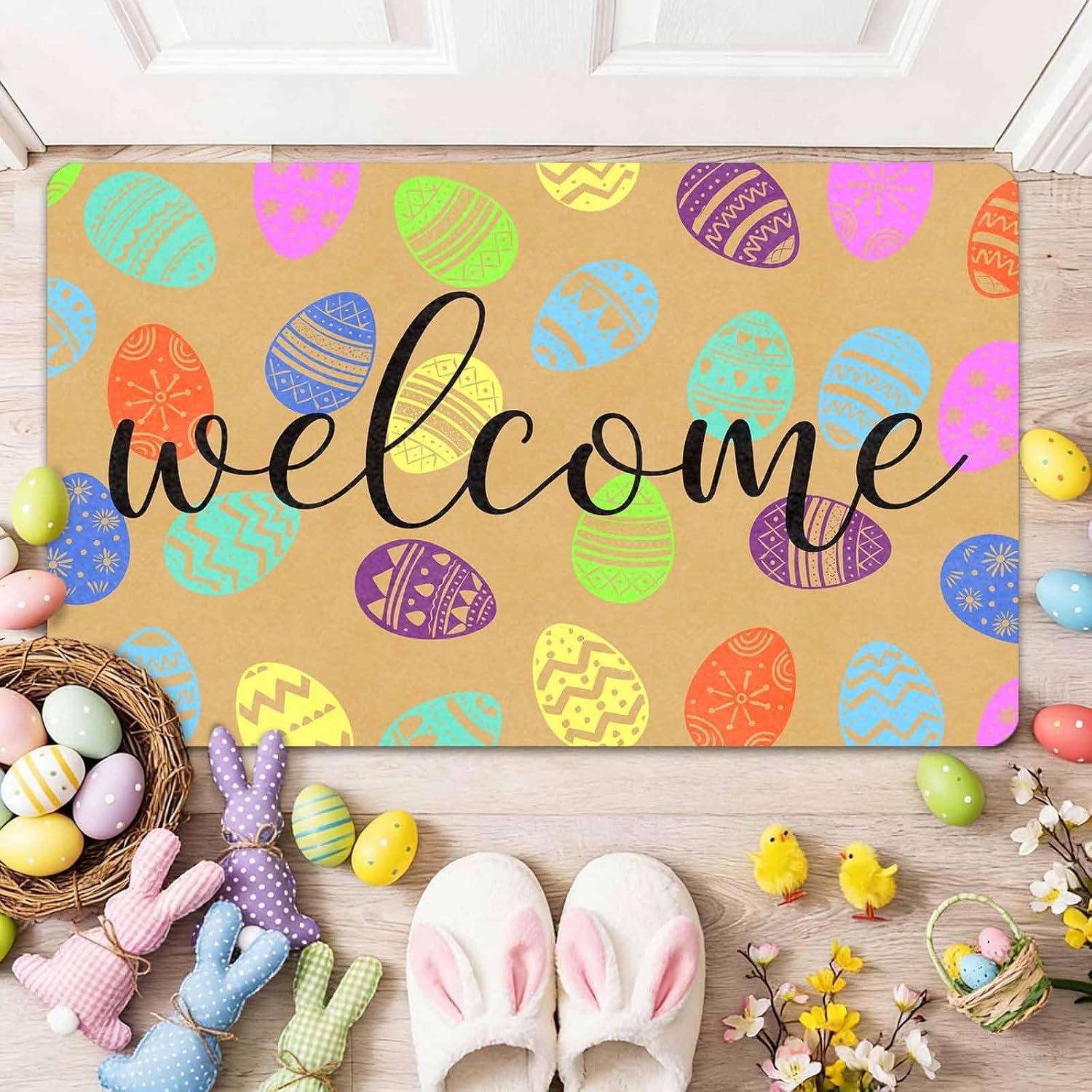 Vibrant Easter Eggs Print Door Mat | Decorative Doormat & Welcome Mat for Indoor Entryway, Outdoor Patio & Bathroom | Non-Slip Low-Profile Bath Rug with Intricate Egg Patterns, 18x30 Inch