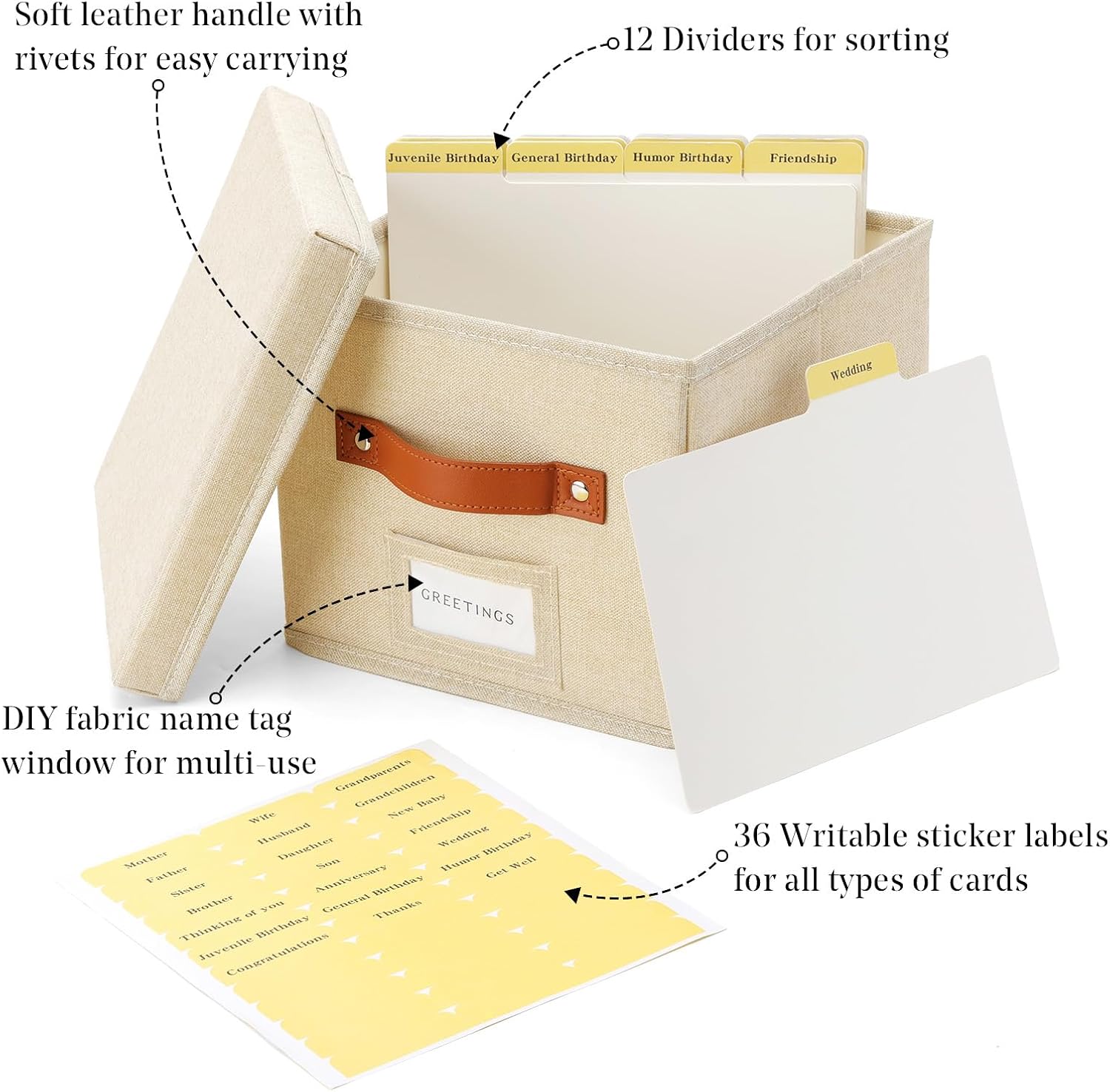 Greeting Card Organizer with dividers - Storage Box with lid Holds 150+ Cards - Assortment Box for Greeting Cards,Recipes, Photos, Envelopes, Keepsake - 9 x 9 x 7 Inches (Beige, 2 pcs)