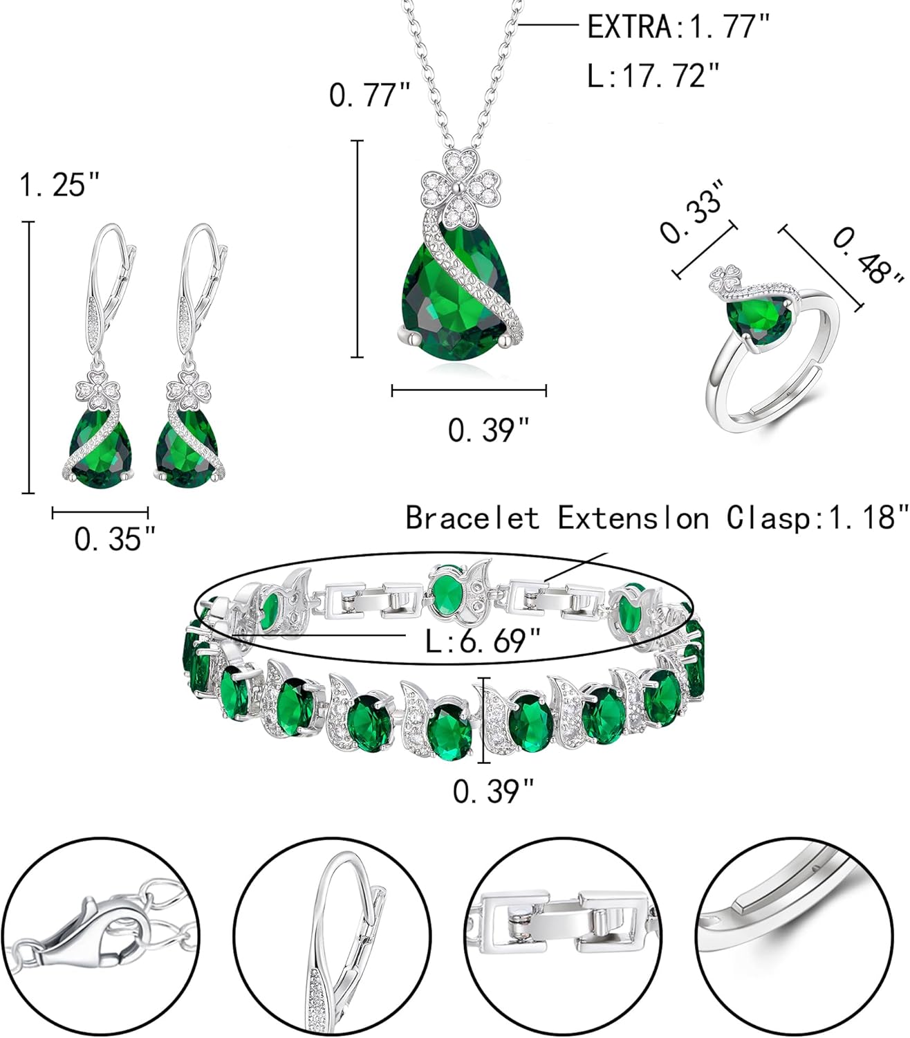 EleQueen 4 Clovers Necklace Earrings Ring Bracelet Set for Women Bride Bridesmaid, Cubic Zirconia Jewelry Set Gift