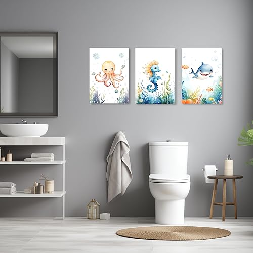 Miniatura 4 de ZXHYWYM Arte de pared de 3 piezas para habitación del bebé, diseño de tiburón de pulpo, caballito de mar, tiburón, impresiones sobre lienzo,