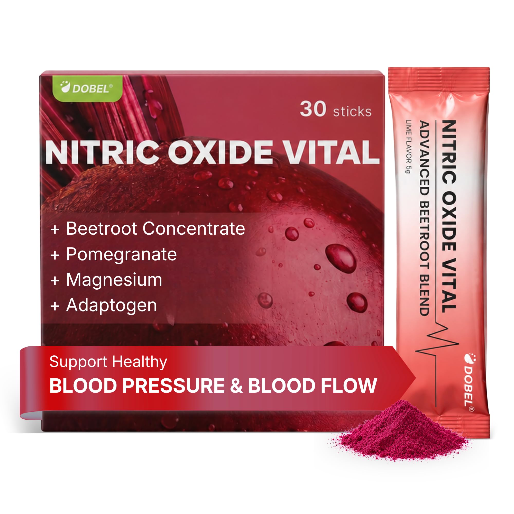 DOBEL Nitric Oxide Supplement, Beet Root Powder Drink Mix for Blood Flow, Circulation & Healthy Blood Pressure Support, Lime, 30 Sticks