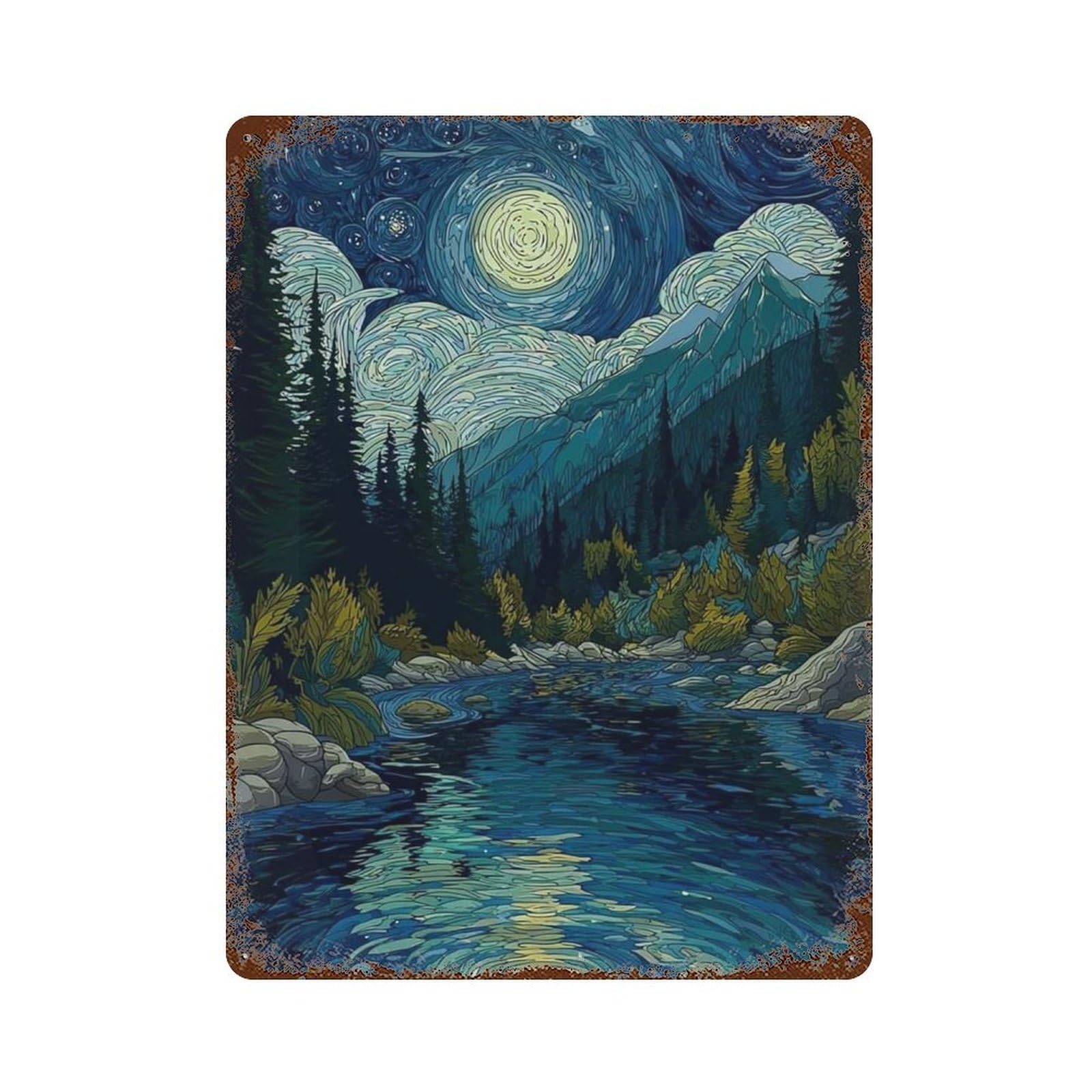 Garage Style Starry Night River Landscape Vintage Rust Metal Sign 15.7"x11.8", Novelty Wall Decor for Bar And Workshop