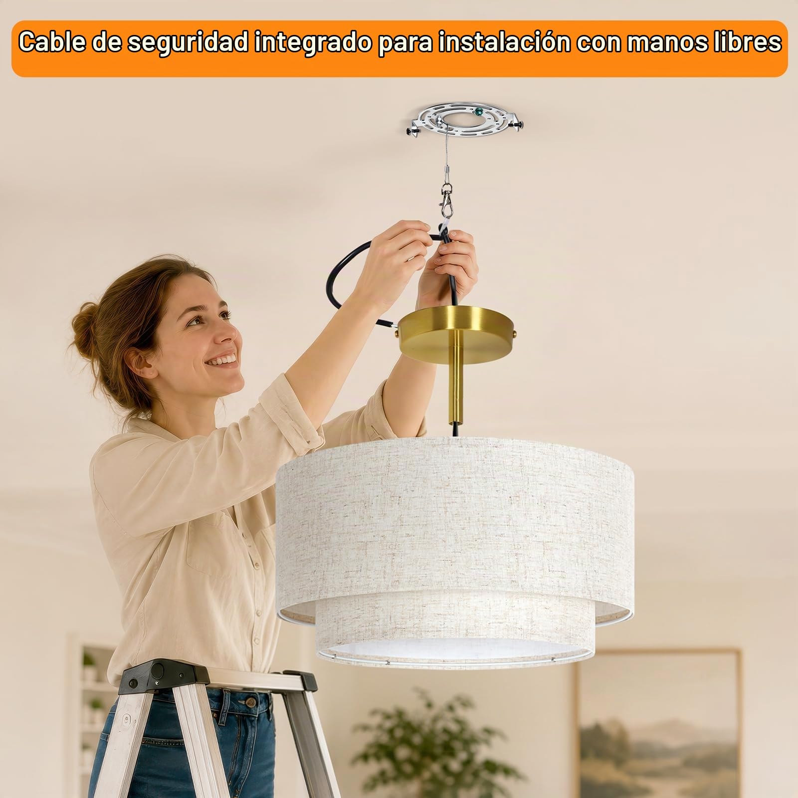OUTON Plafón de Techo con Pantalla de Tela, 3 Luces, Dorado, Ø 40,6 cm | Doble pantalla de lino con difusor interior, 3 casquillos E27, compatible con bombillas regulables, para espacios interiores