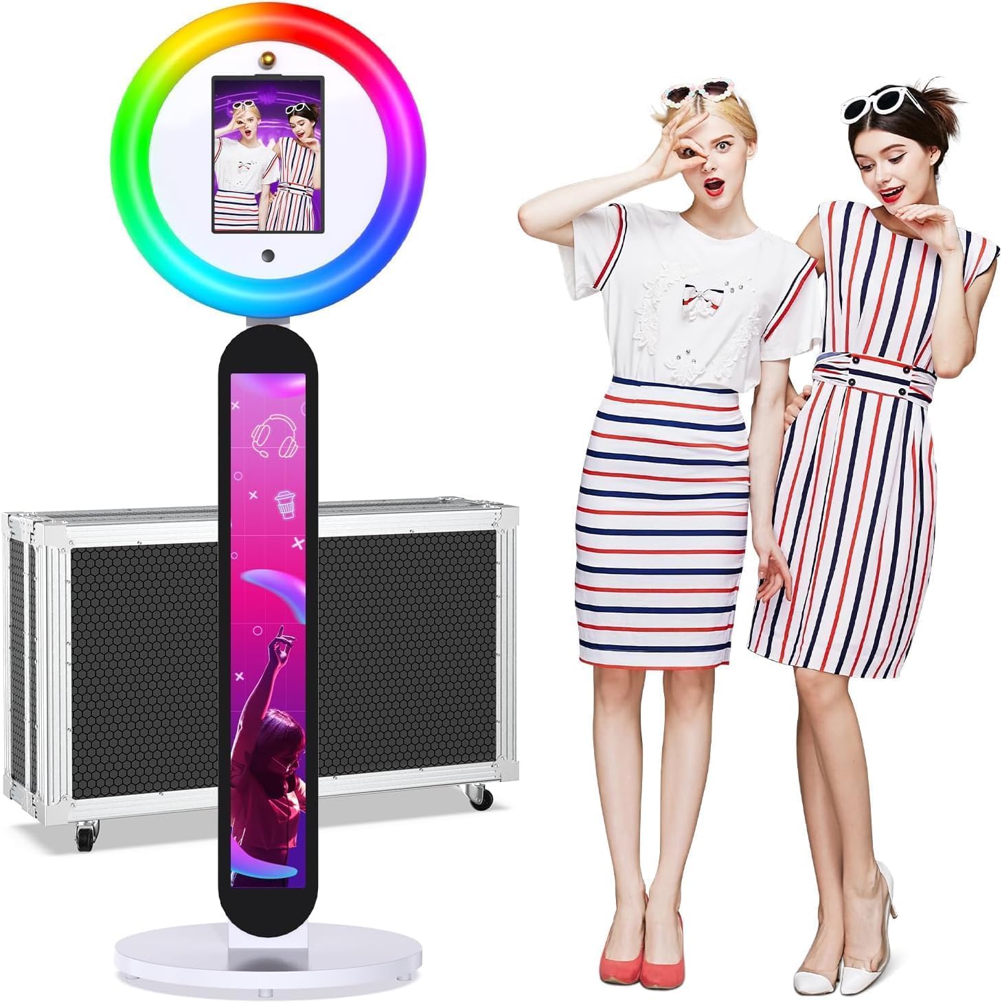Portable Photo Booth Stand for I Pad with RGB Ring Light, Selfie Photobooth Machine for 10.2/10.9/11/12.9 inches, Music Sync & APP & Flight case Included for Events & Rentals