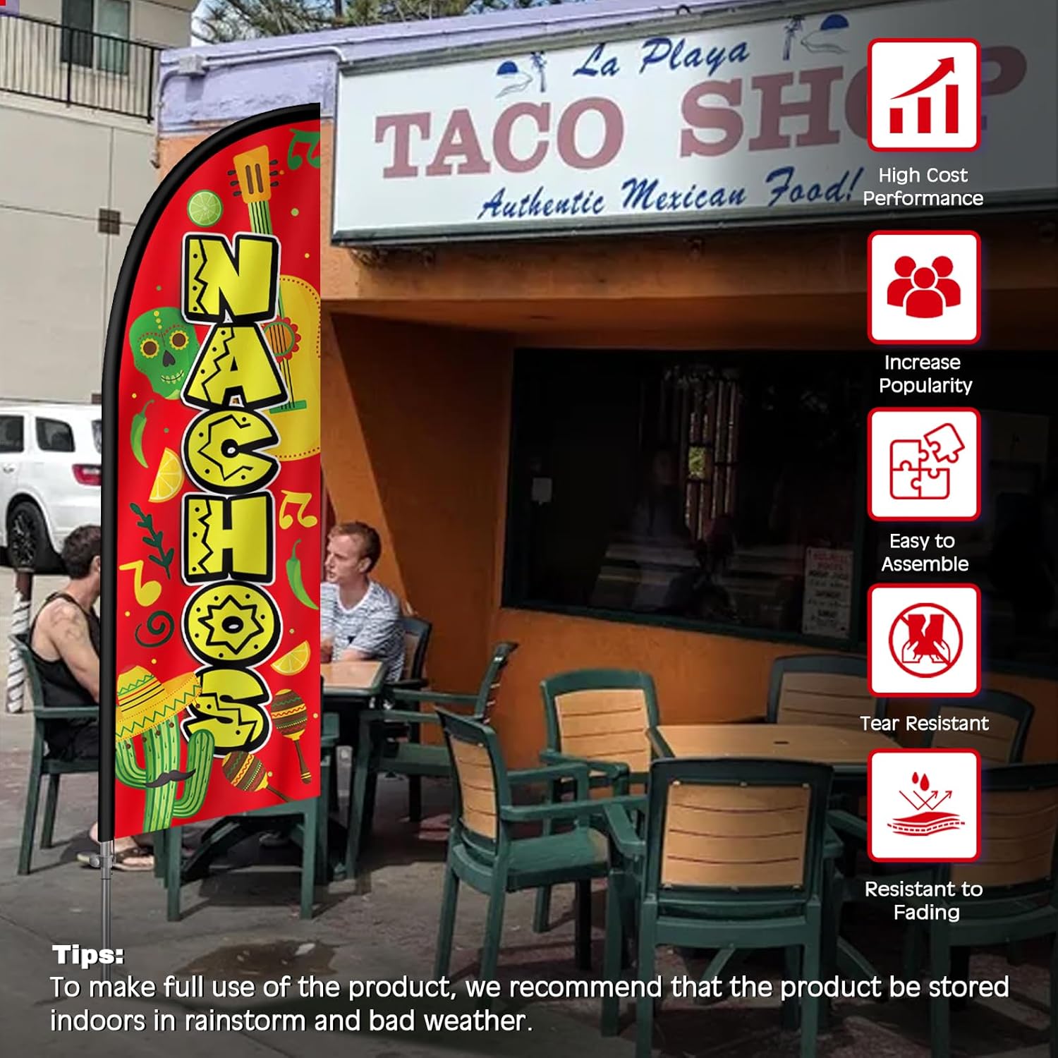 8FT Nachos Sign with Aluminum Alloy Flagpole and Stainless Steel Ground Stak, Nachos Windless Swooper Flag Banner for Business Advertising