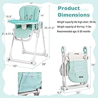 Vista 7 de BABY JOY Silla alta para bebés y niños pequeños, silla alta plegable con respaldo/reposapiés/altura del asiento, bandejas dobles extraíbles, cojín