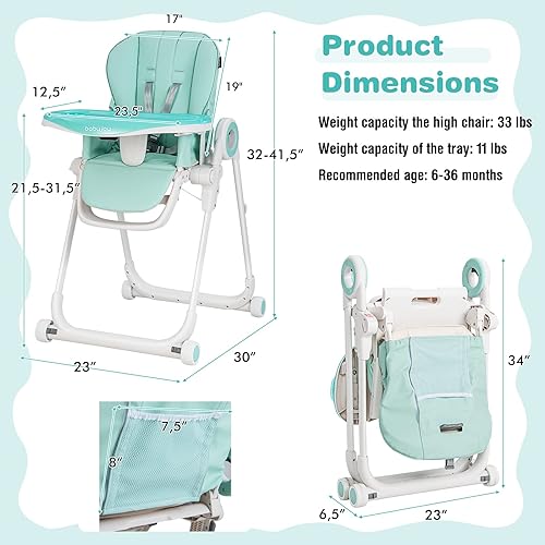 Miniatura 7 de BABY JOY Silla alta para bebés y niños pequeños, silla alta plegable con respaldo/reposapiés/altura del asiento, bandejas dobles extraíbles, cojín