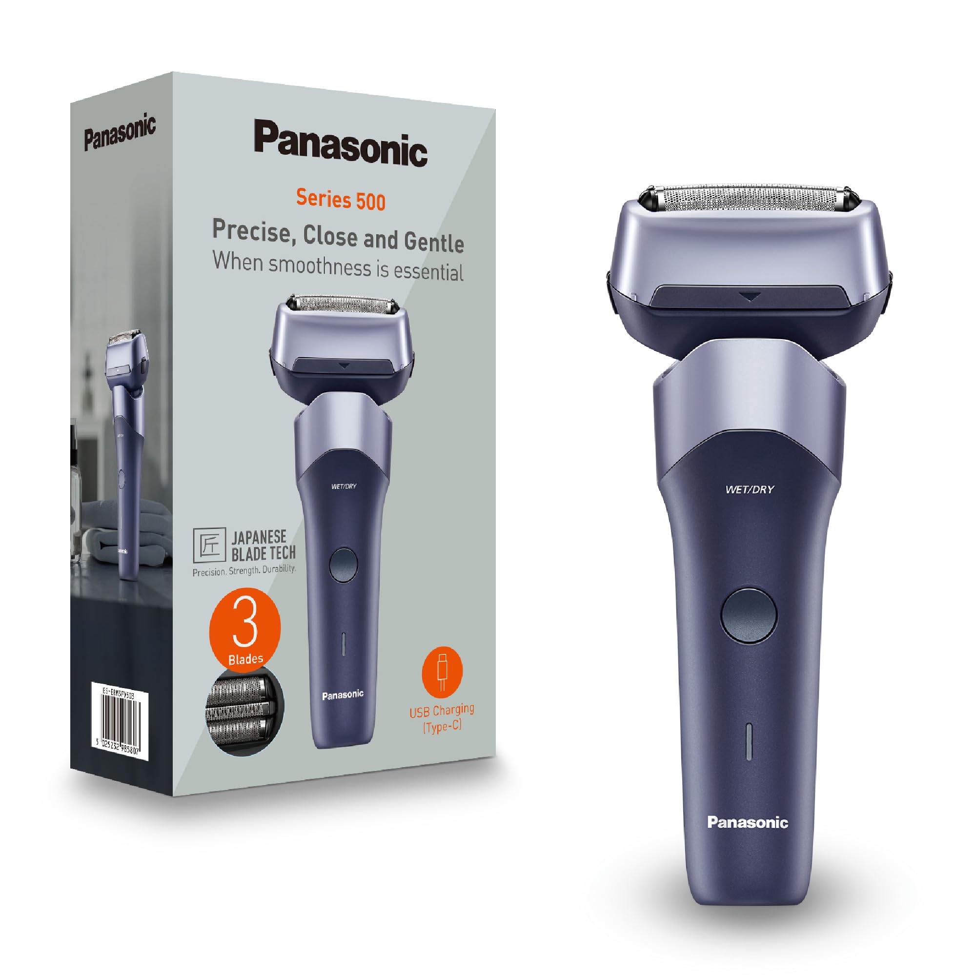 Panasonic Series 500, ES-ERM3FV503 Golarka elektryczna z 3 ostrzami, do golenia na mokro i sucho, akumulatorowa, japońska stal nierdzewna, elastyczna głowica 10D, IPX7, ładowanie USB-C, fioletowa