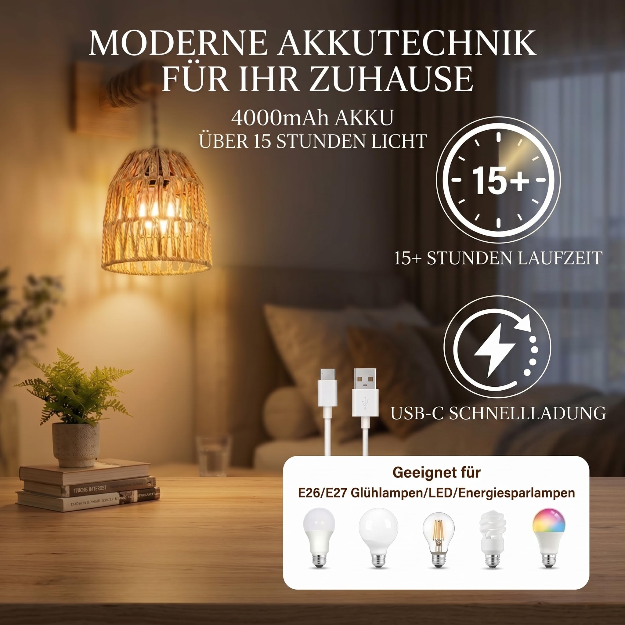 Set di 2 applique da parete per interni, 4000 mAh, lampada da parete a batteria e funzionamento a rete, in rattan, vintage, con timer a telecomando, dimmerabile, lampada da parete senza collegamento