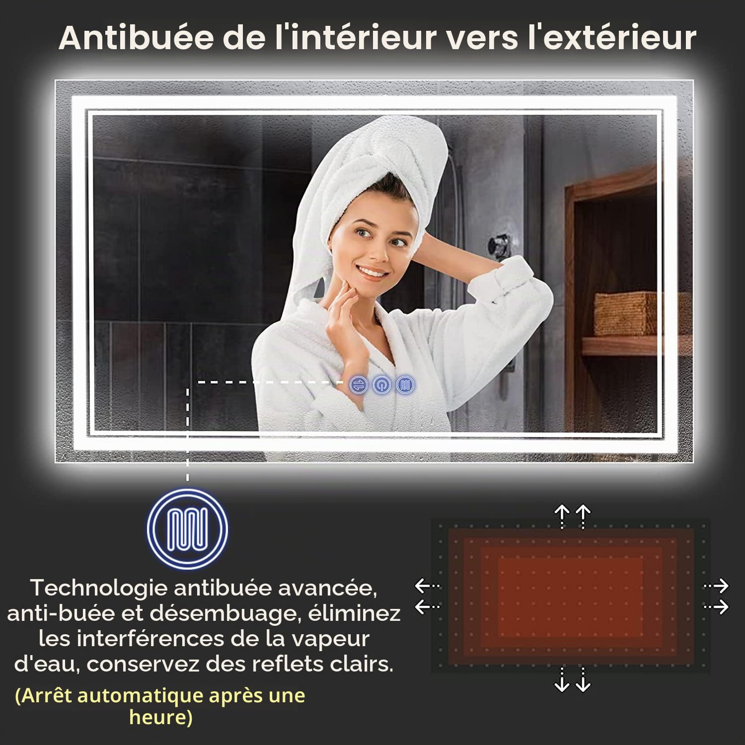 Miroir de Salle de Bain, avec éclairage, 120 x 70 cm, Miroir Mural et Interrupteur Tactile, IP65 LED, avec Fonction mémoire, 3 températures de Couleur, Horizontale/Verticale, Verre trempé HD