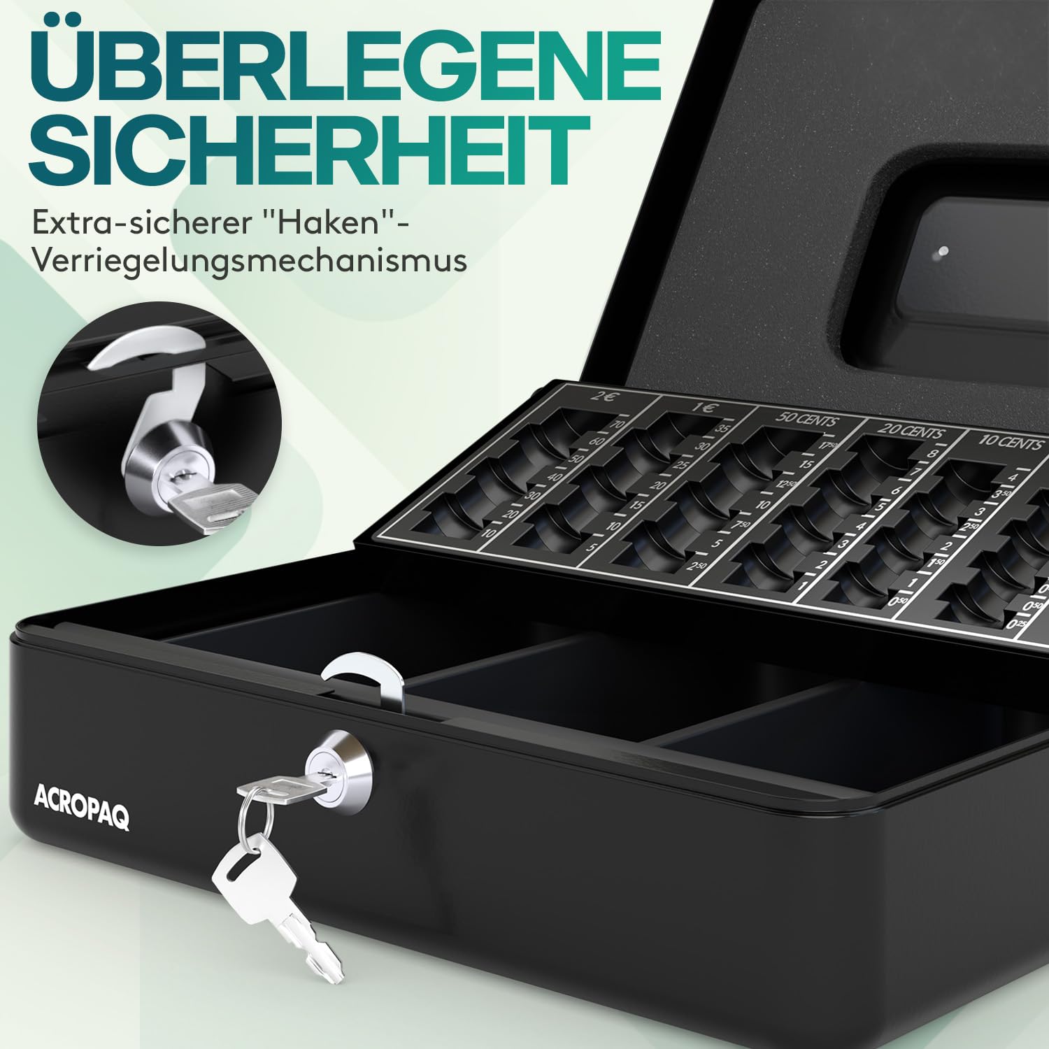 ACROPAQ Geldkassette abschließbar - (30 x 24 x 9 cm), Kasse mit Münzzählbrett, Stahlkonstruktion, Mit 2 enthaltenen Schlüsseln, Schwarz - Geld Kassette zum Abschließen, Geldkasse, Kassa Box