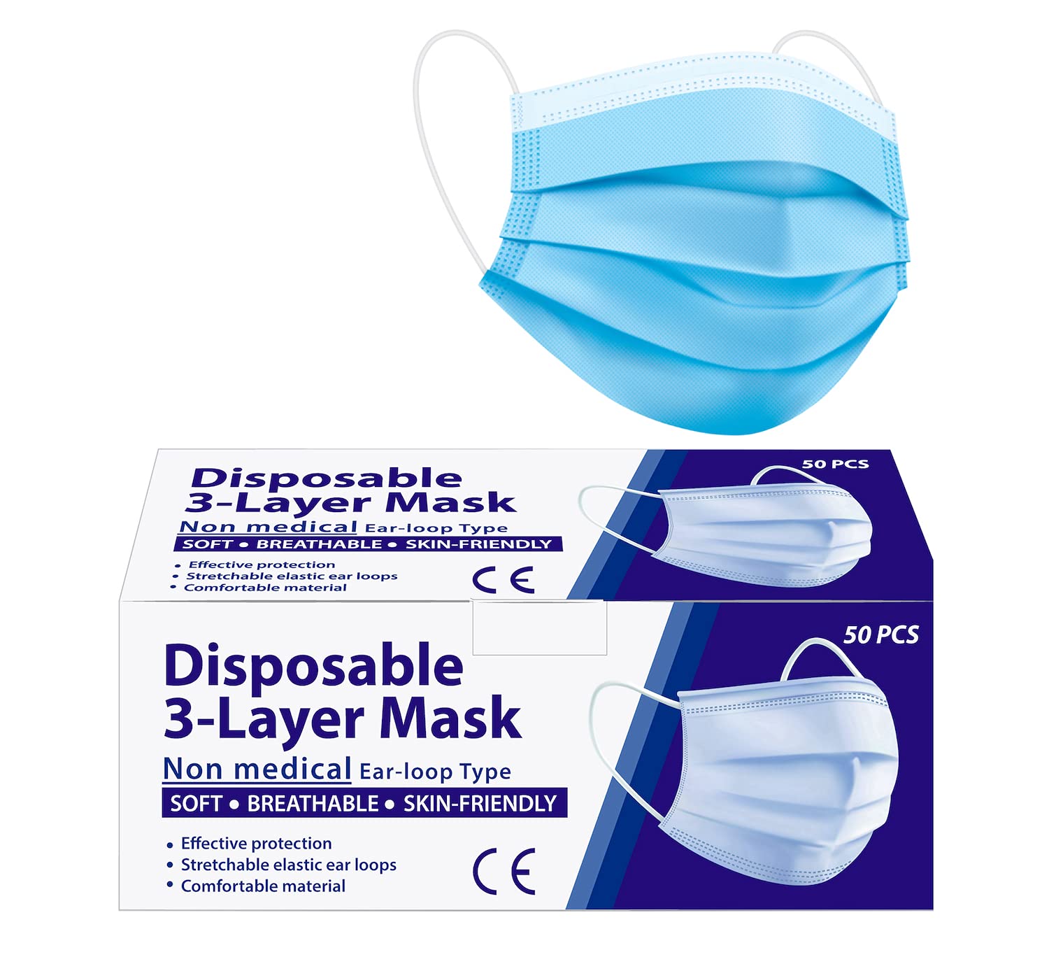 Disposable 3-Ply Filter Breathable Face Mask Dust Proof Ear-loop Mouth Covering Protective Masks with Adjustable Nose Clip