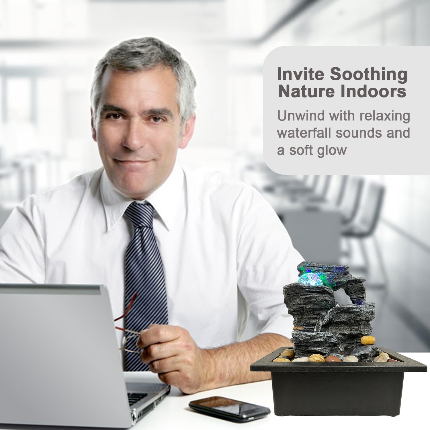 Indoor Tabletop Water Fountain Rotating Ball Rock Waterfall Fountain with Colorful Lights and Natural River Rocks, Zen Meditation for Home Office Decor (B)