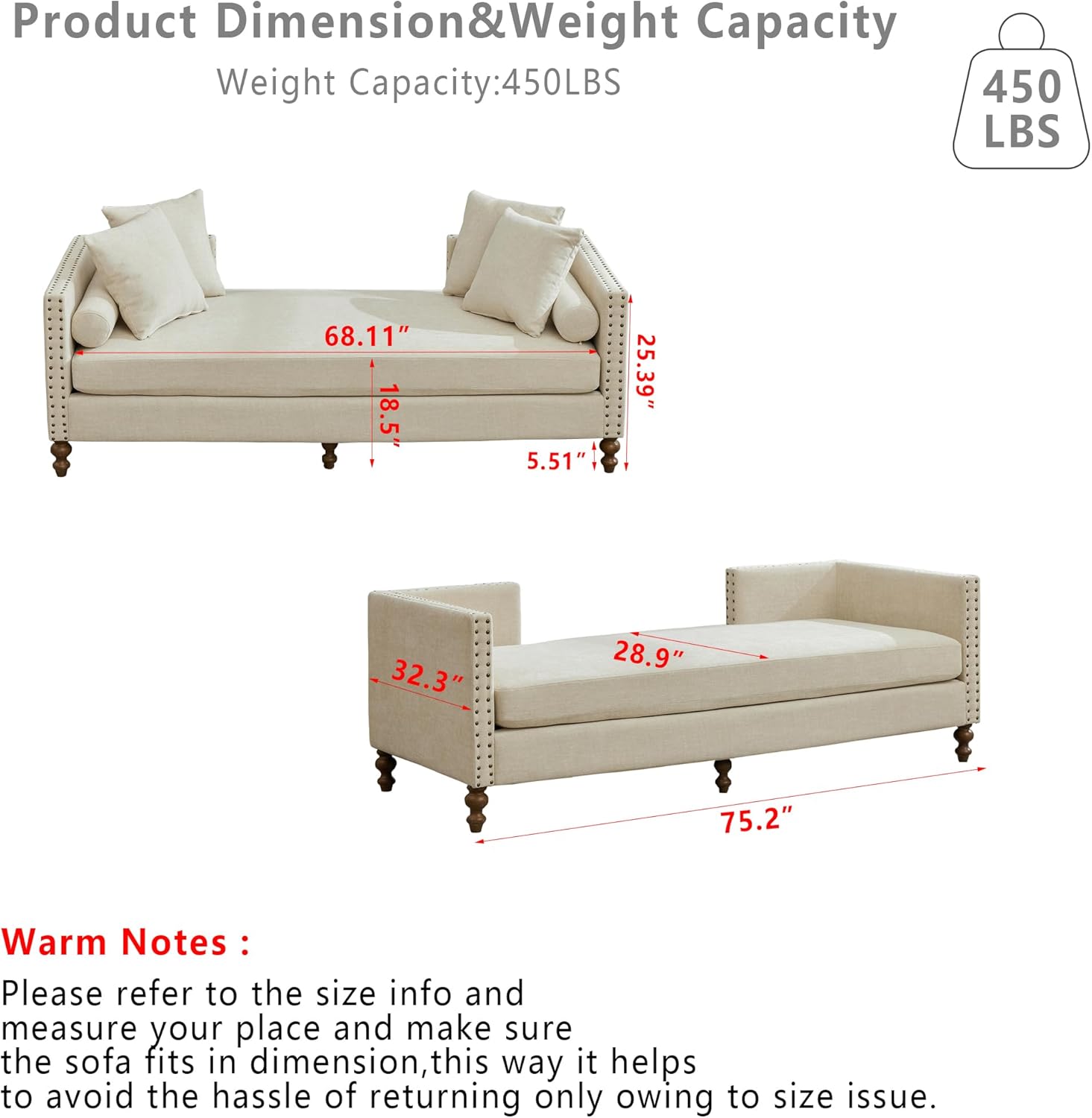 Setawix 75.2" Indoor Chaise Lounge Sofa Chair Double-Sided,Chenille Large Ottoman Bench with Open Back for Living Room Bedroom,Modern Upholstered Chaise Lounger Couch for Indoors. (Beige, 75.2")