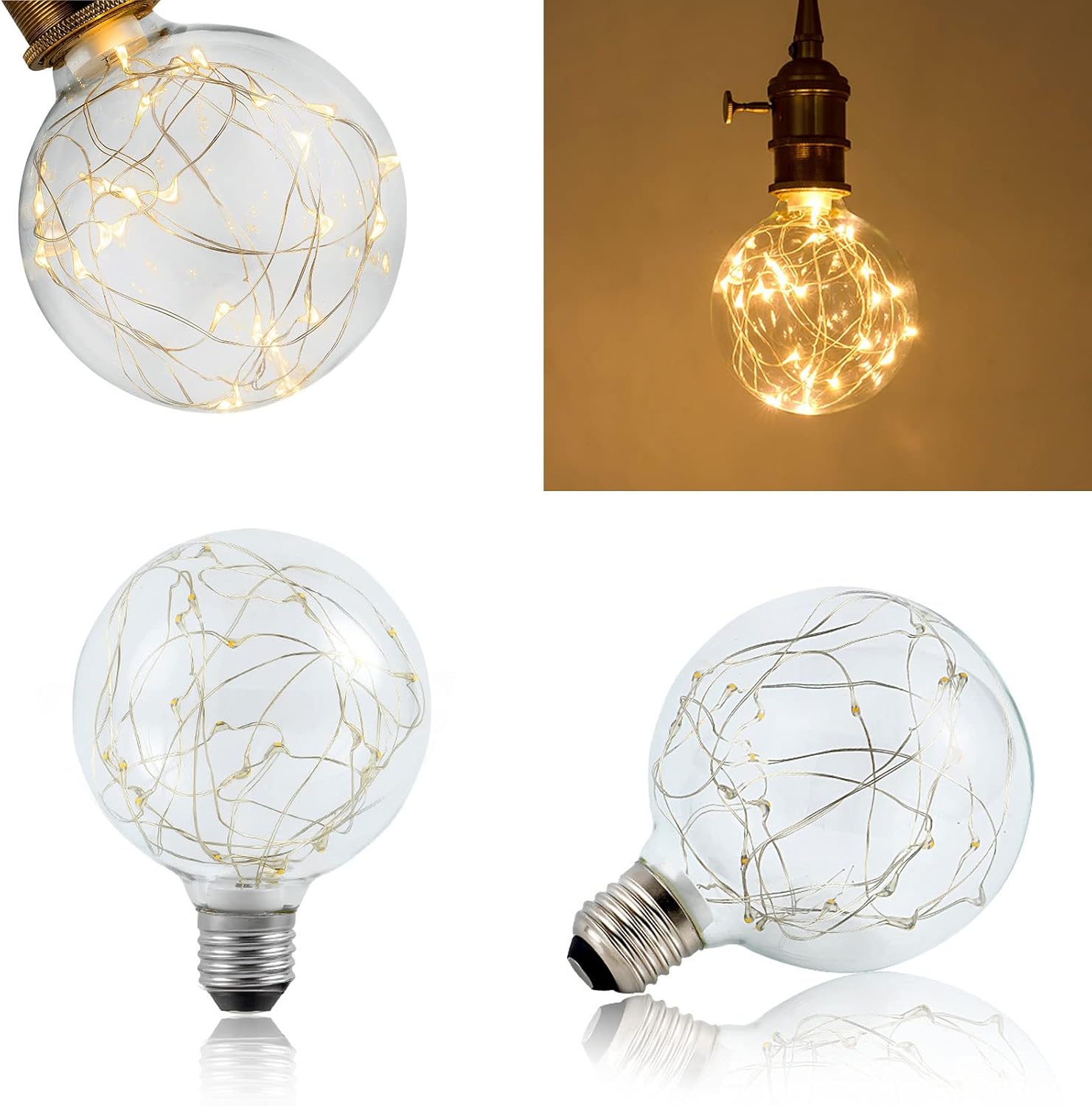 G95 Edison Bulbs LED Copper Wire Decorative Lighting Lamp 3W (30w Equivalent) E26 Base Warm White 2700K LED Globe Fairy Light Bulb for Christmas, Cafes, Holiday, AC85-265V, Pack of 6