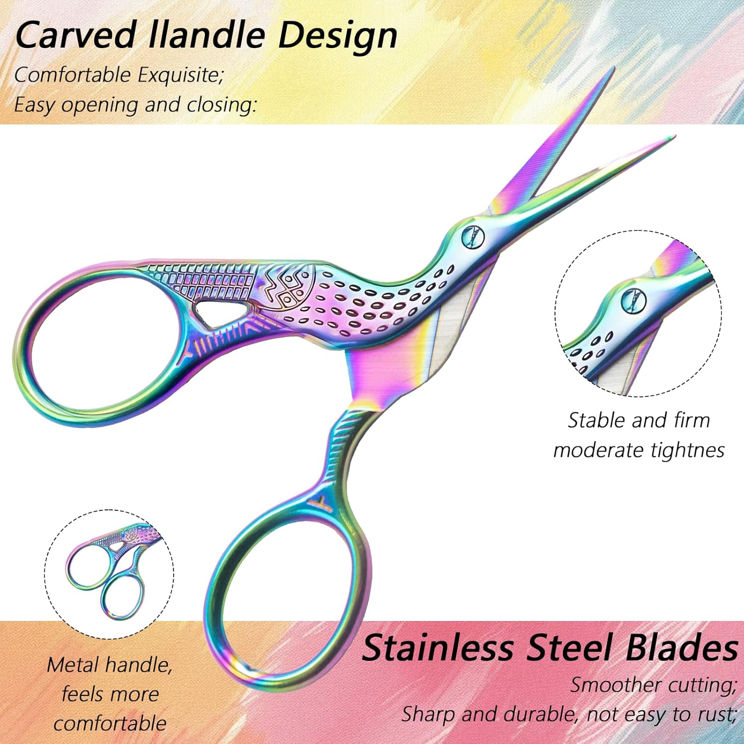 コウノトリレインボーステッチはさみ 10個 - 3.6インチ ステンレススチール スモールクラフトはさみ クロスステッチ 裁縫 かぎ